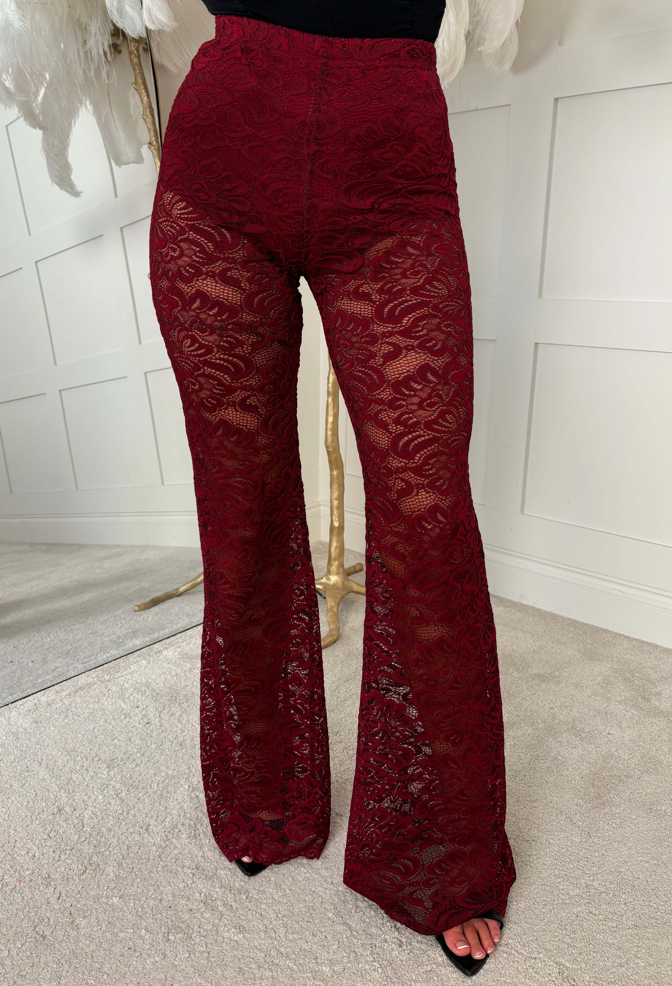 Lace Destiny Burgundy Stretch Lace Scalloped Hem Trousers - Image 3