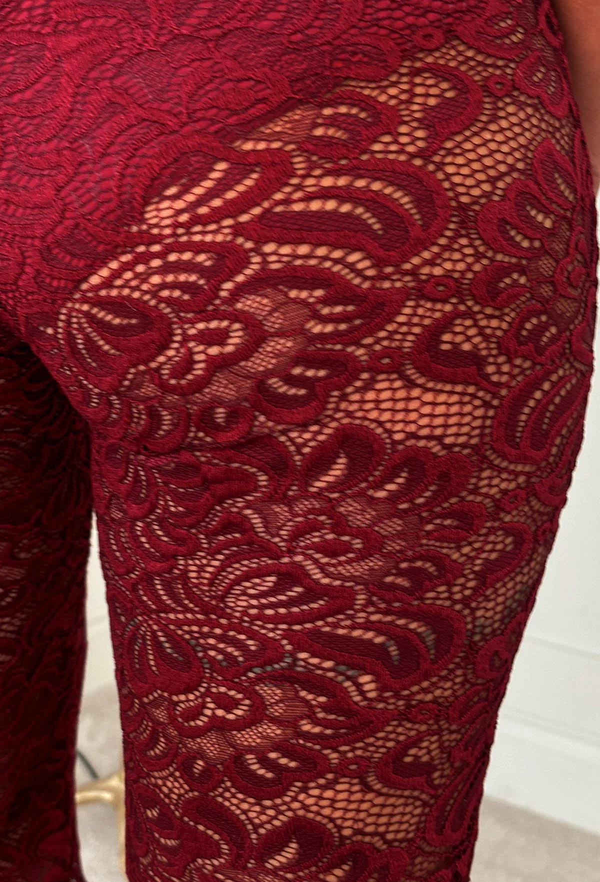 Lace Destiny Burgundy Stretch Lace Scalloped Hem Trousers - Image 4
