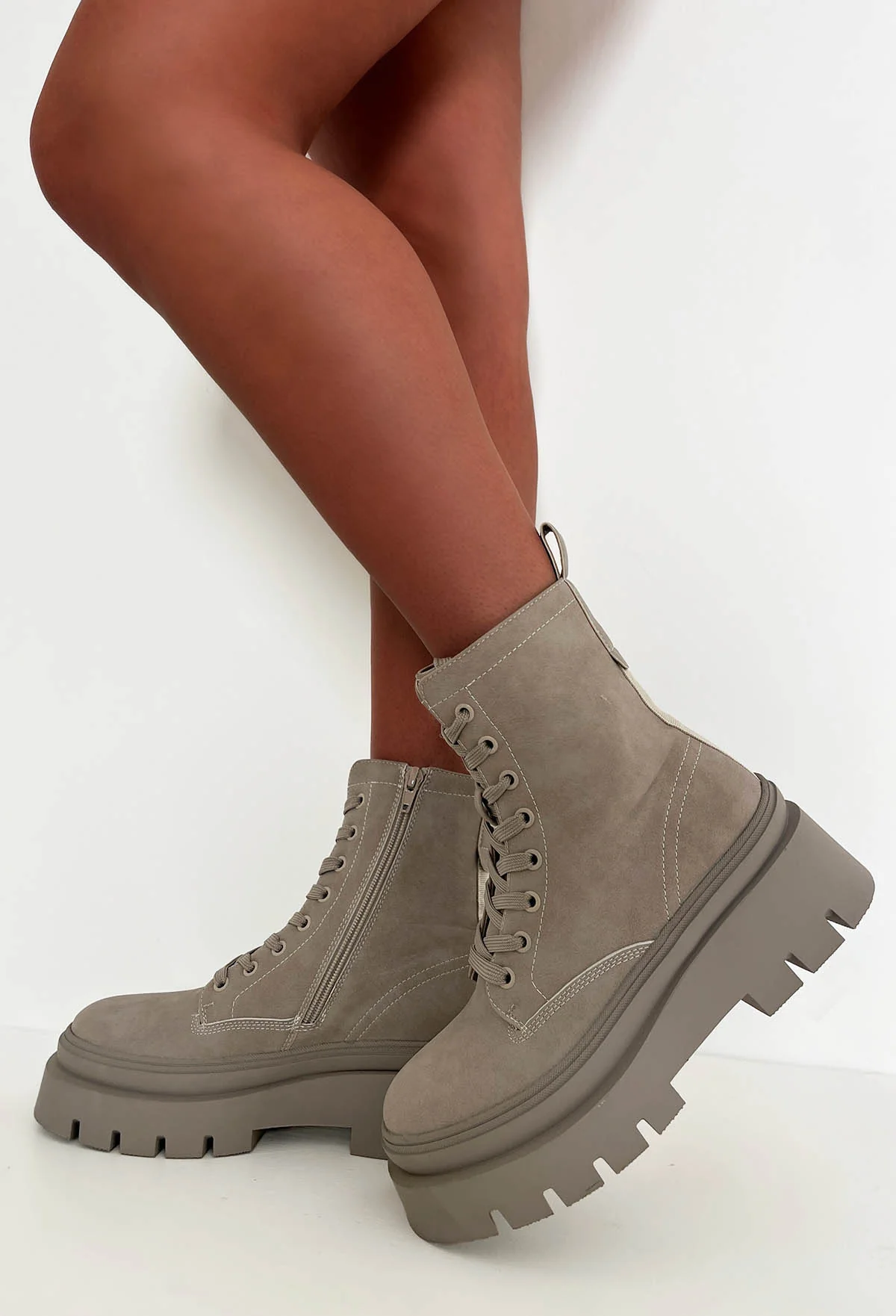 Lace Me Up Grey Faux Suede Boots - Image 2