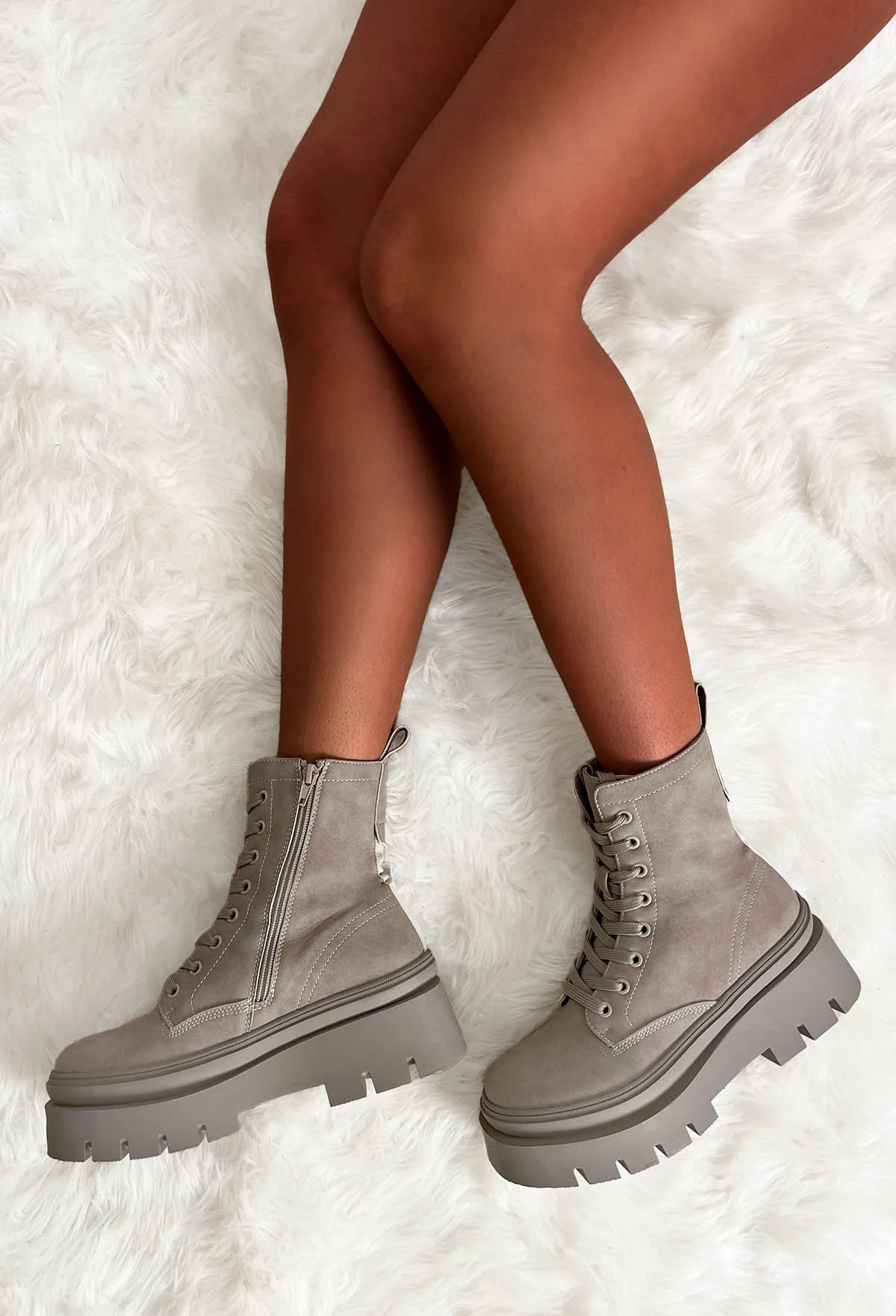 Lace Me Up Grey Faux Suede Boots - Image 3