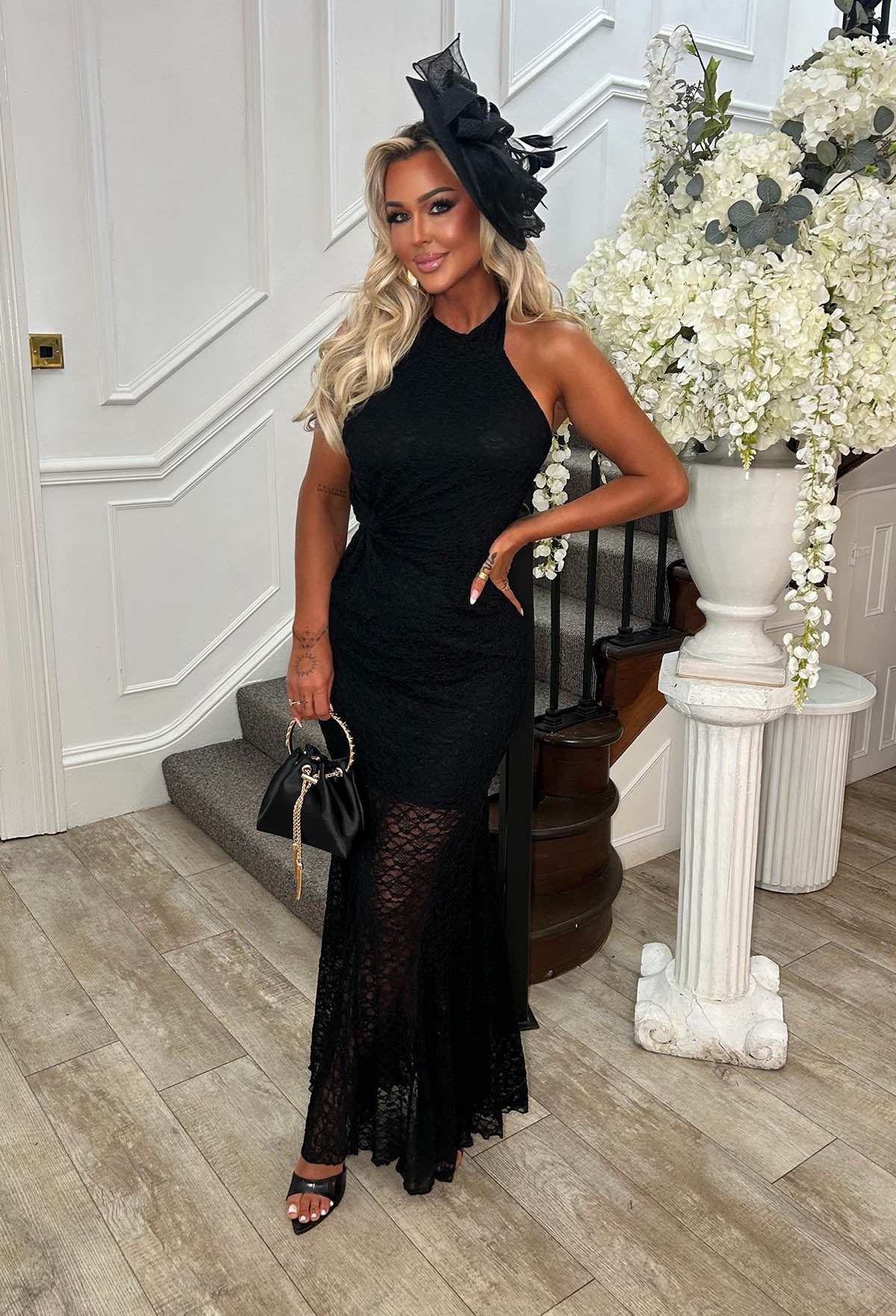 Lace Obsession Black Halter Lace Twist Side Maxi Dress - Image 2