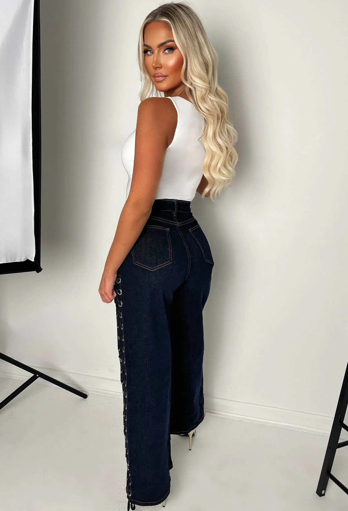 Laced Lust Mid Blue Wide Leg Stretch Eyelet Jeans - Image 3