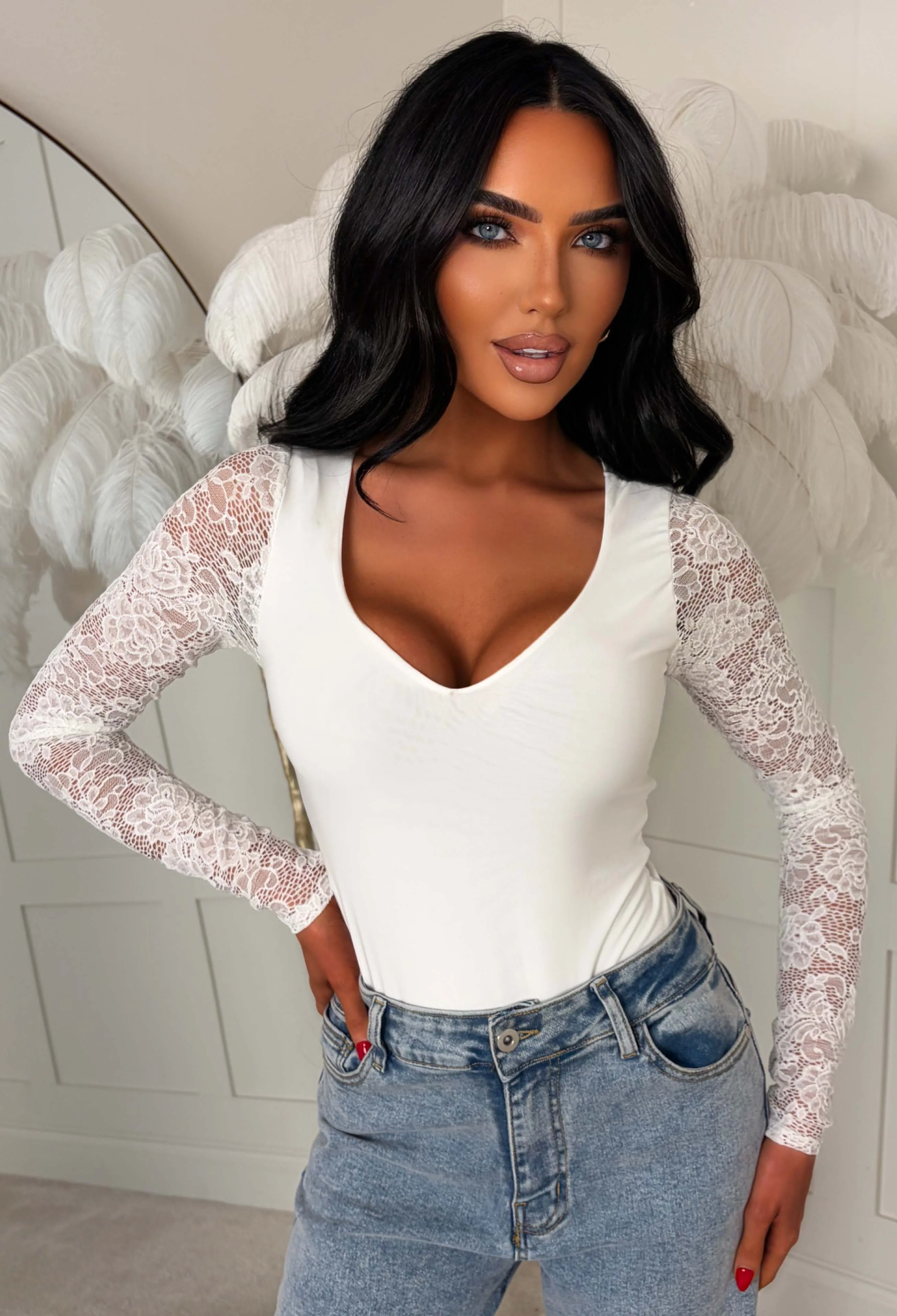 Laced To Impress White V-neck Jersey Lace Sleeve Bodysuit - Image 3