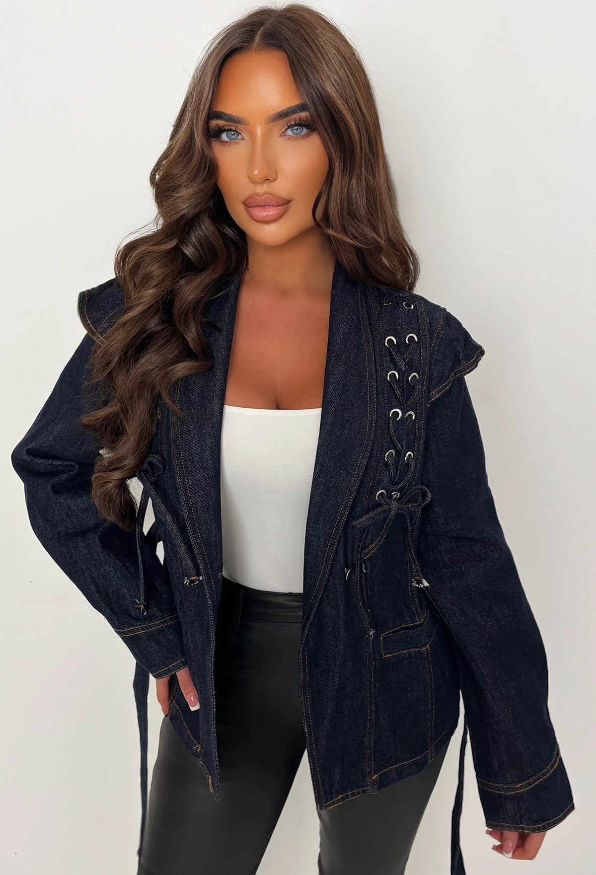 Laced Up Dark Blue Belted Fitted Denim Jacket - Image 4