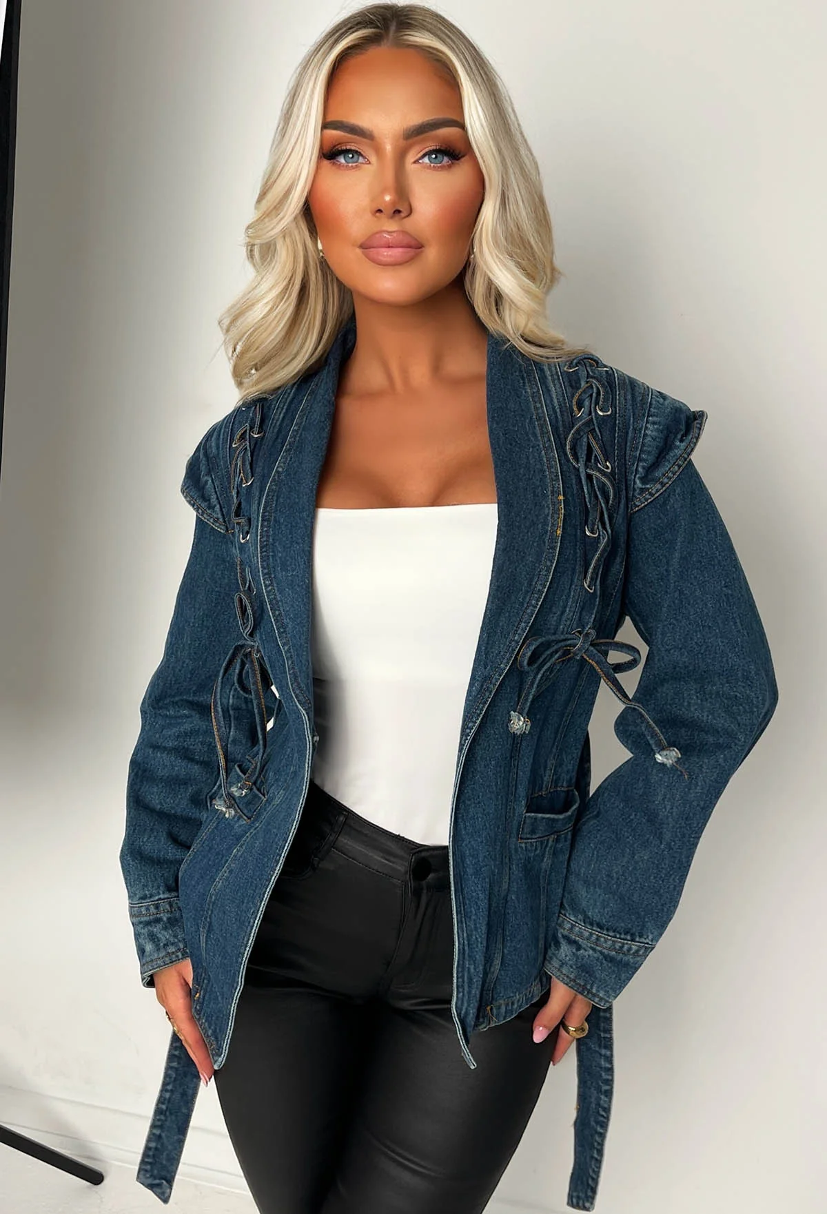 Laced Up Mid Blue Belted Fitted Denim Jacket - Image 2