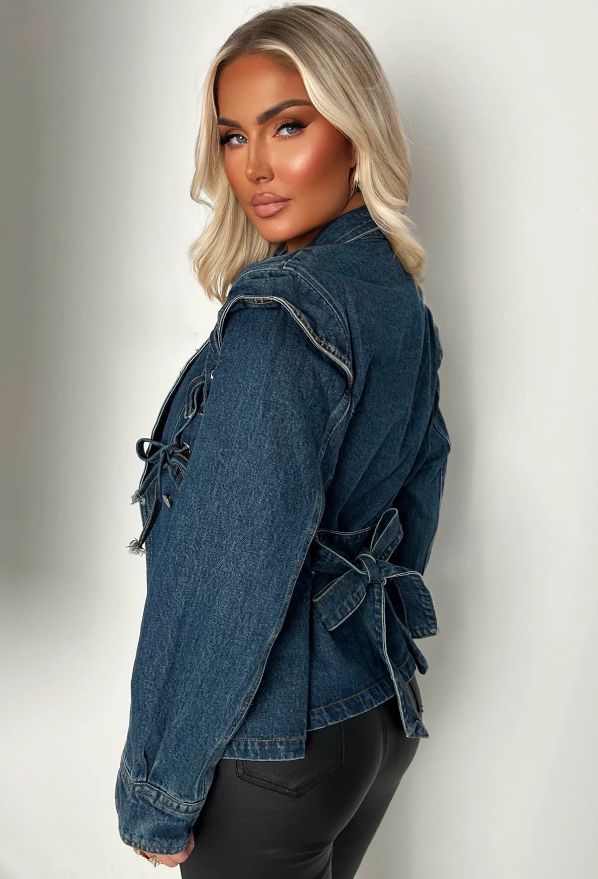 Laced Up Mid Blue Belted Fitted Denim Jacket - Image 3