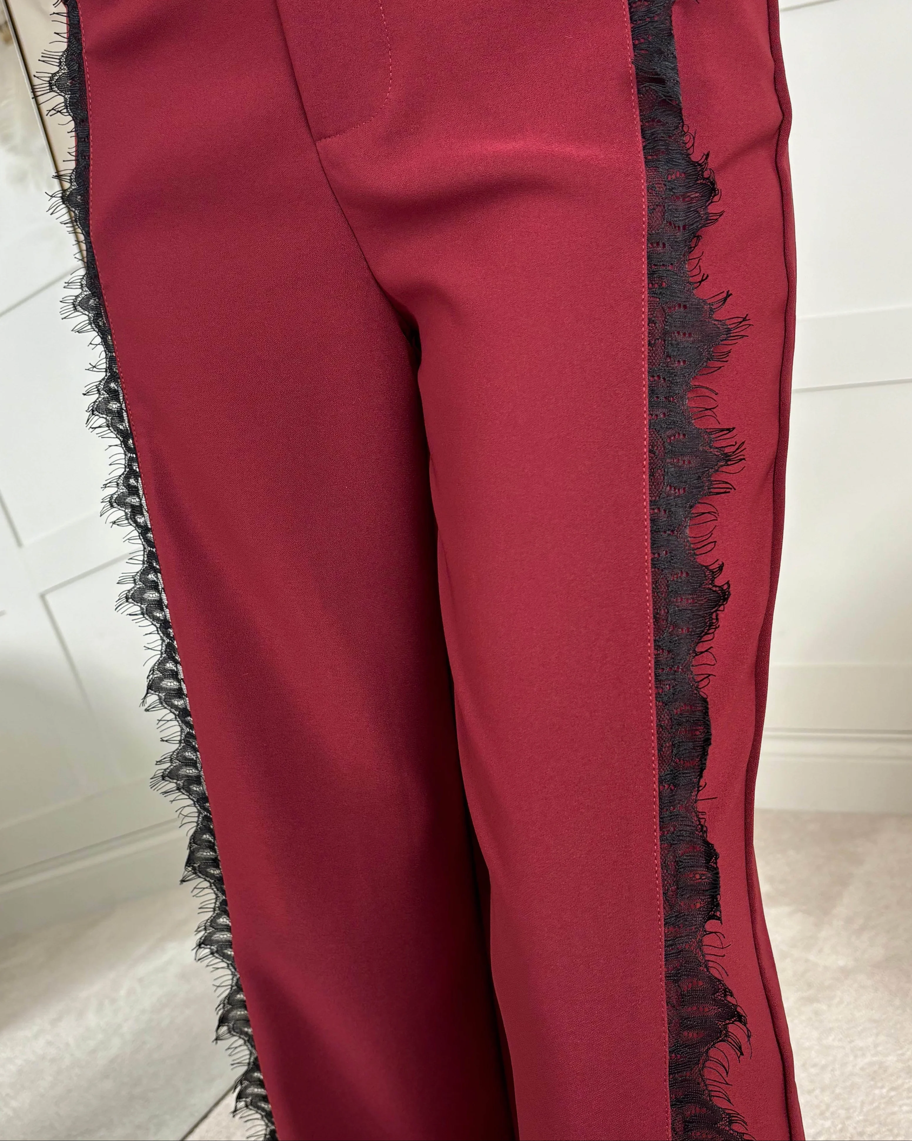 Lacy Aura Burgundy Lace Trim Trousers - Image 3