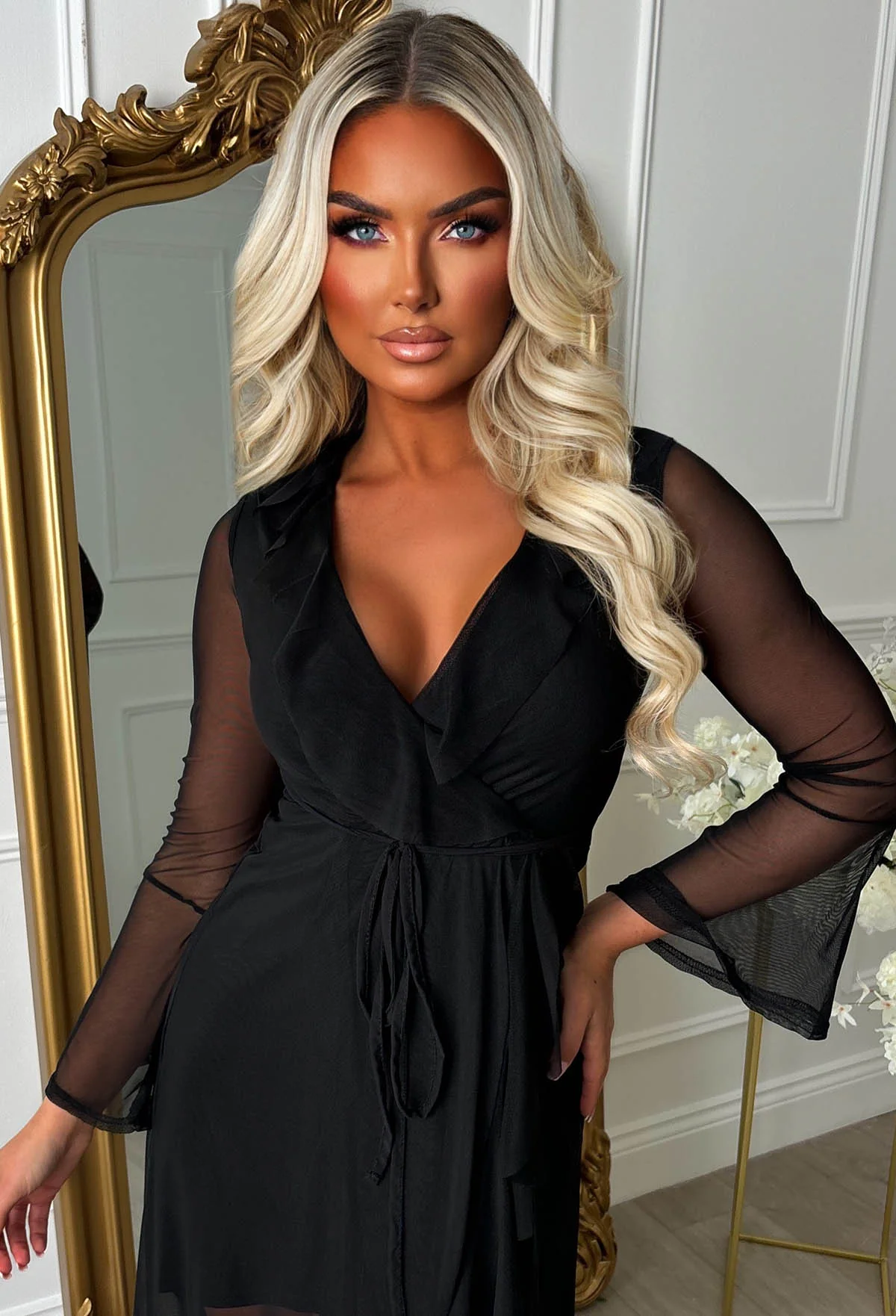 Lady Love Me Black Mesh Frill Wrap Dress - Image 3