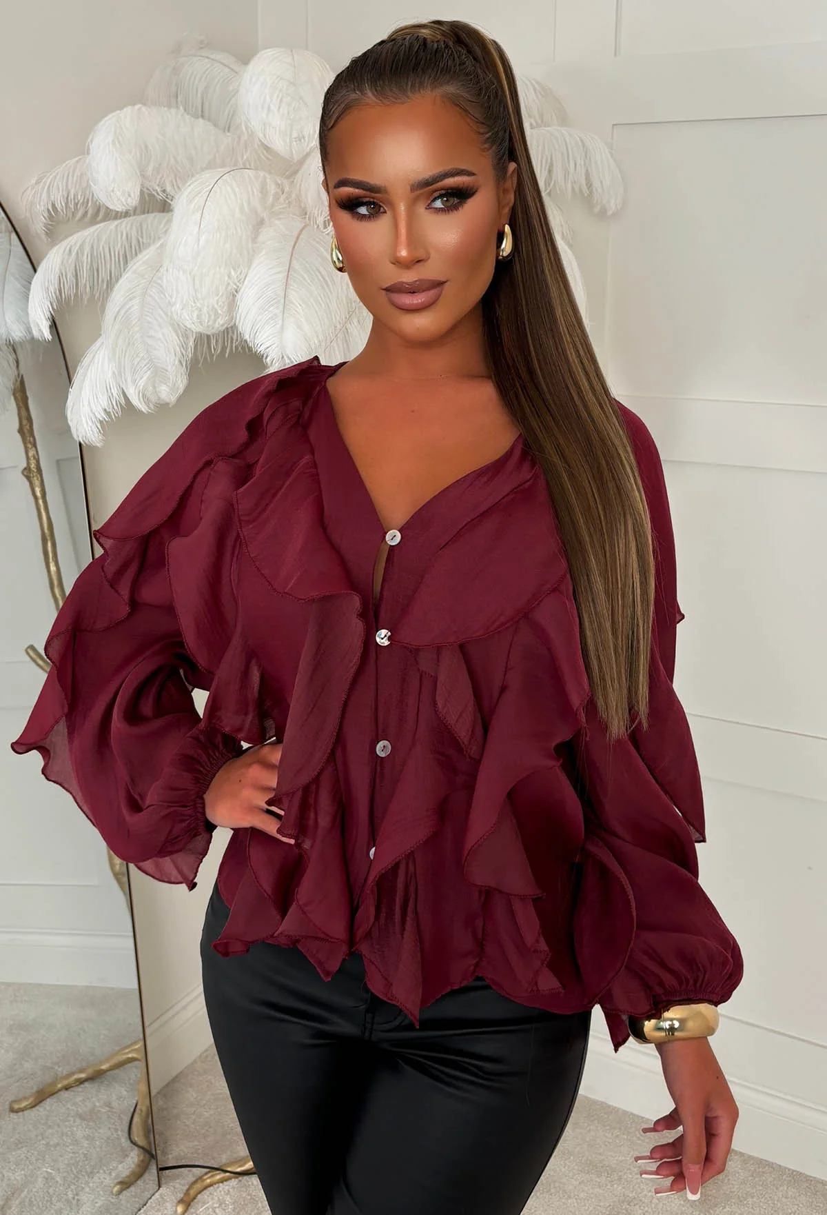 Lay Your Love Burgundy Ruffle Blouse - Image 2