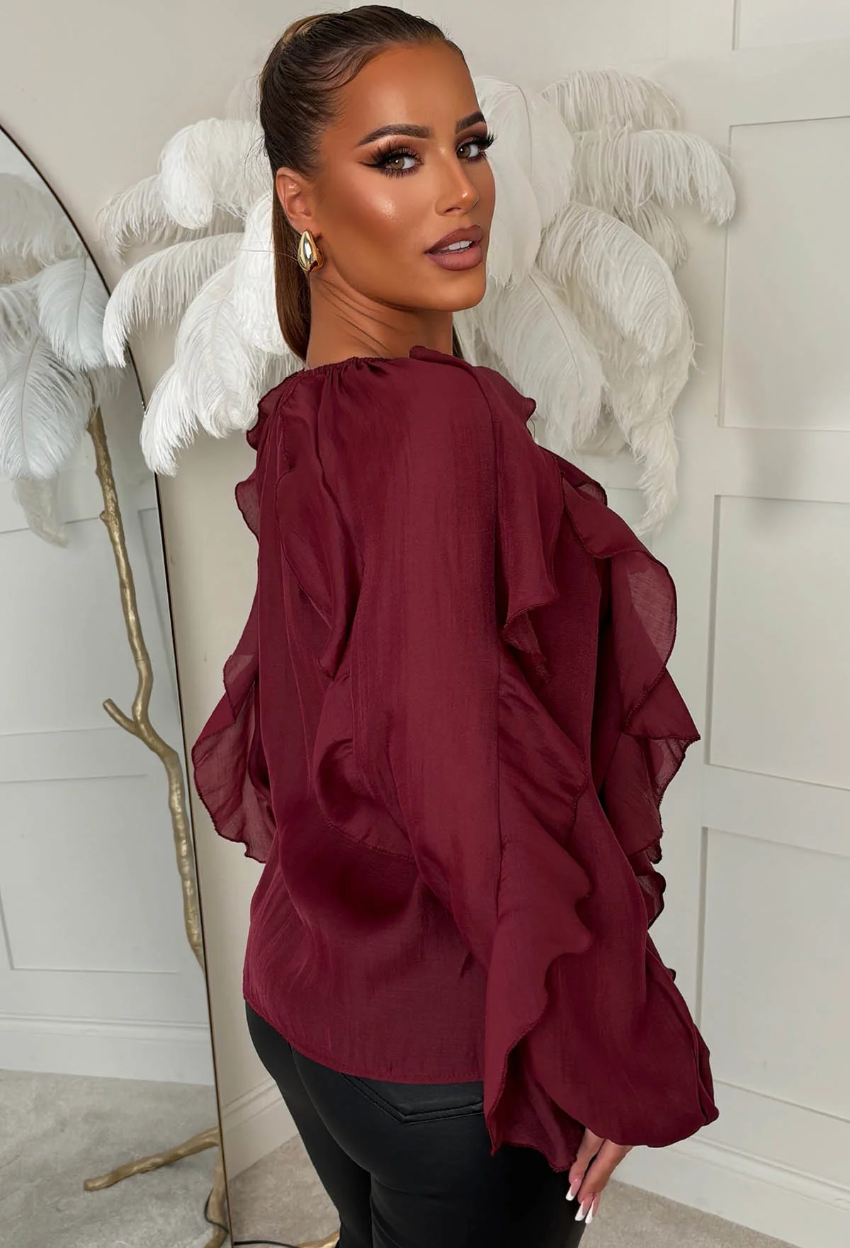 Lay Your Love Burgundy Ruffle Blouse - Image 3