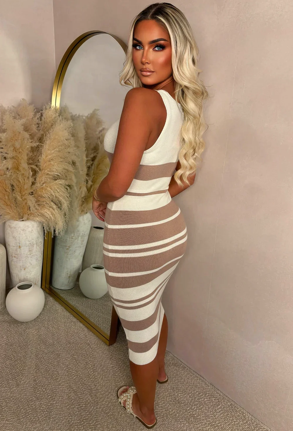 Legally Luxe Beige Ultra Soft Striped V-neck Knitted Midi Dress - Image 2