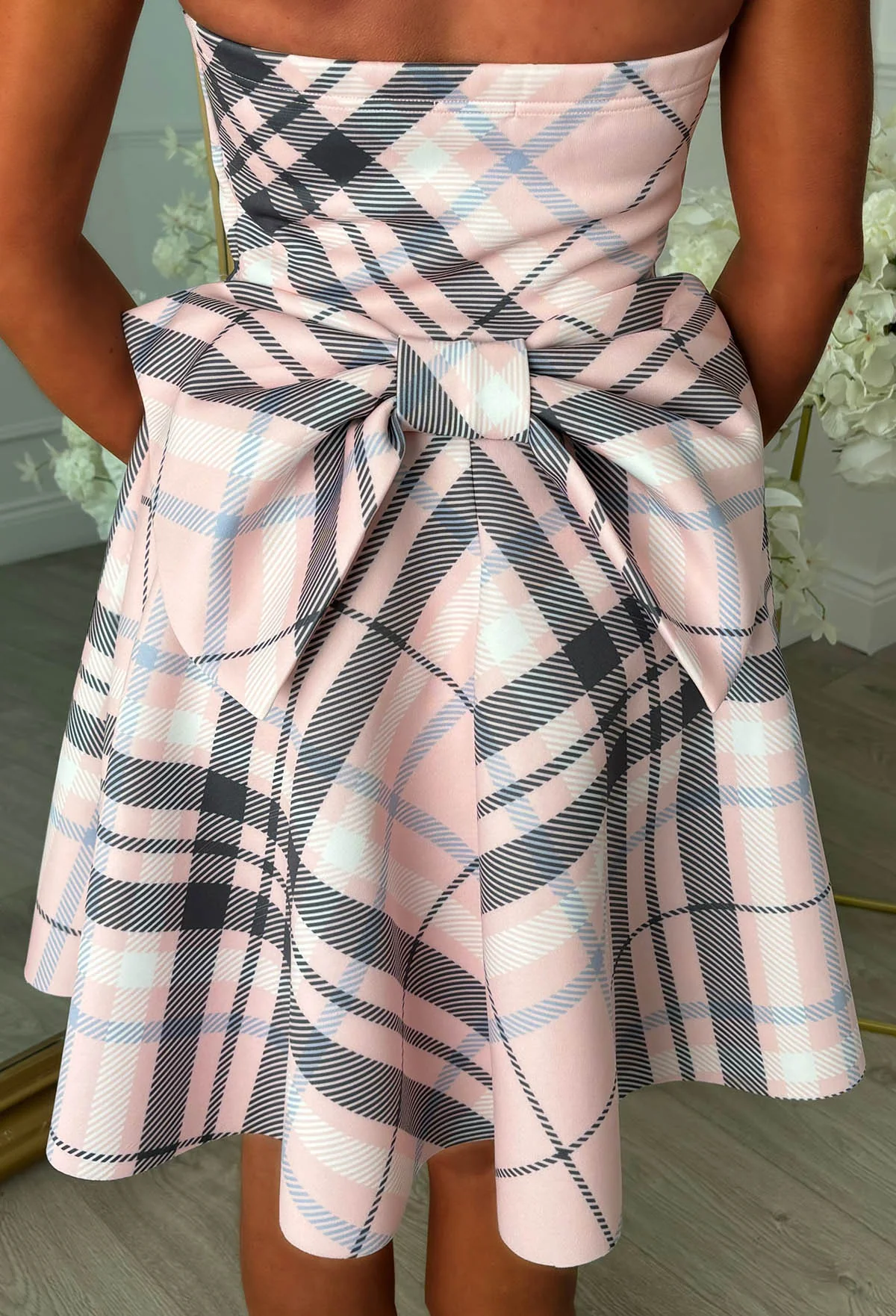 Let It Bow Pink Multi Tartan Bow Back Mini Dress - Image 4