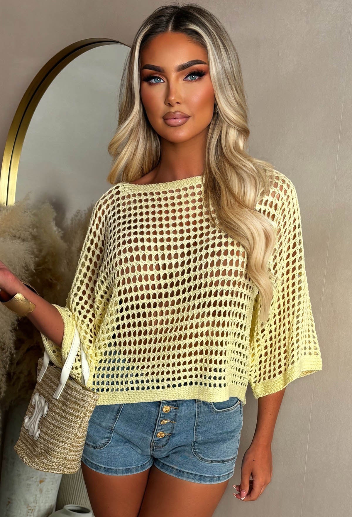 Let Your Dreams In Lemon Loose Net Knitted Crochet Top - Image 3