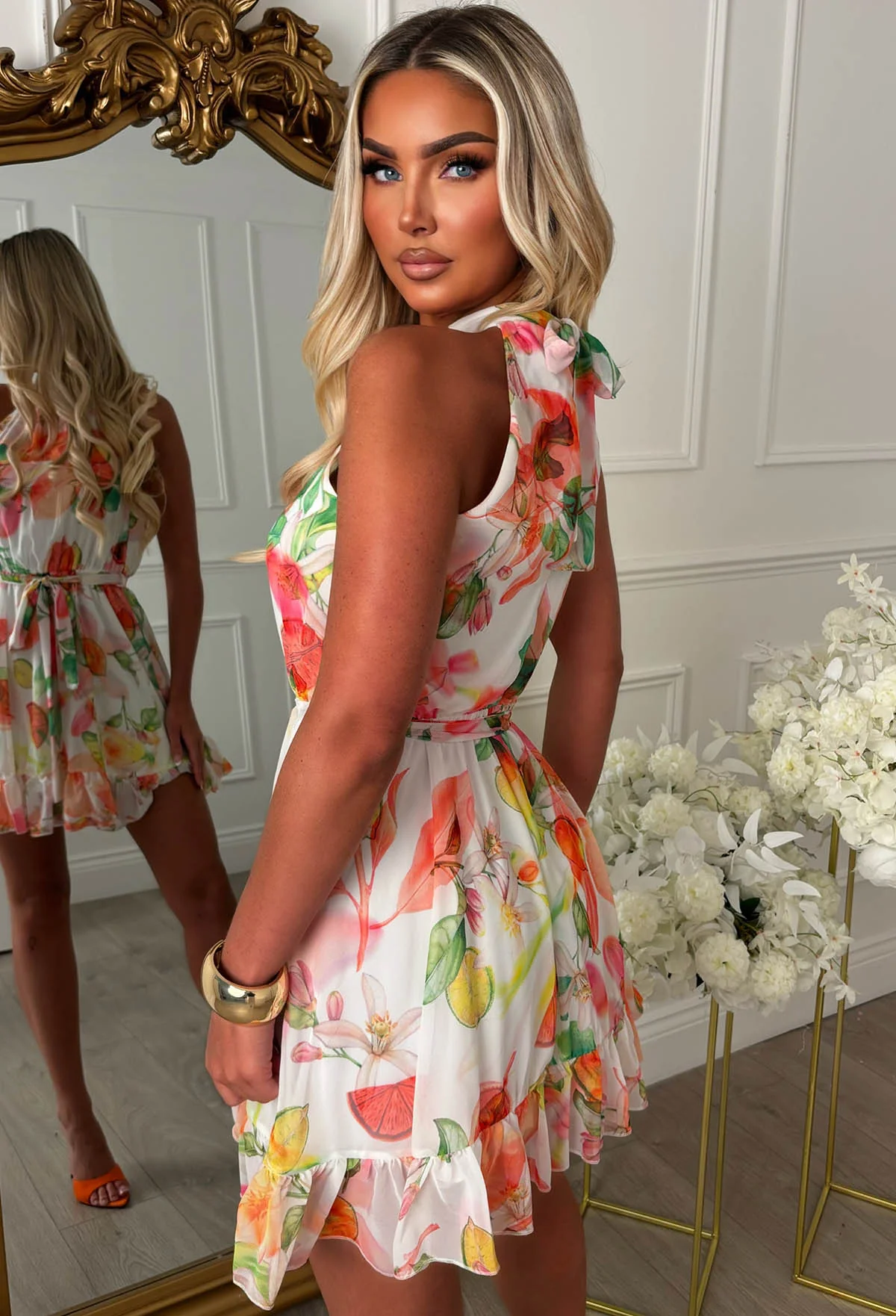 Let's Get Fruity Multi Halter Tie Neck Belt Mini Dress - Image 2