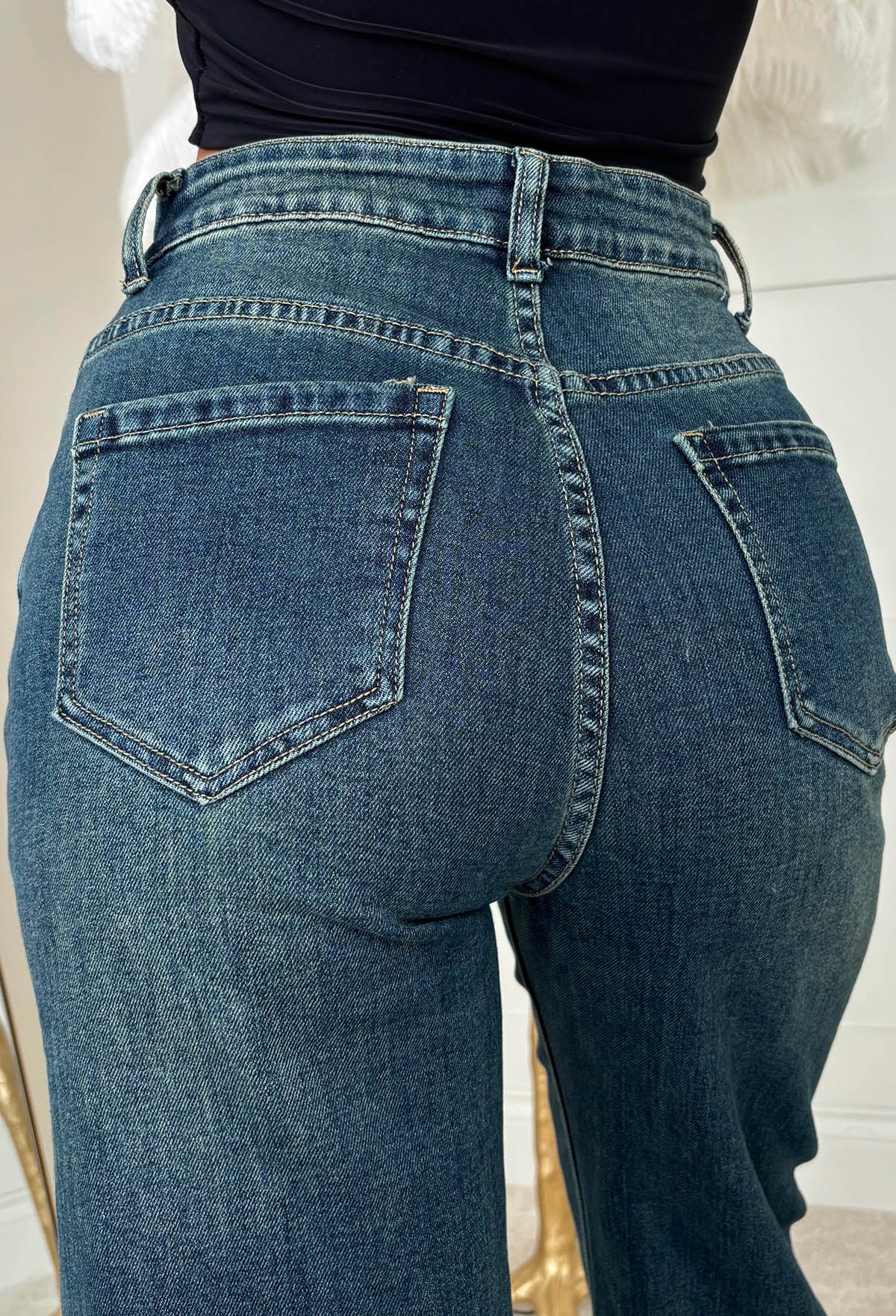 Lia Dark Blue Stretch Wide Leg Jeans - Image 2