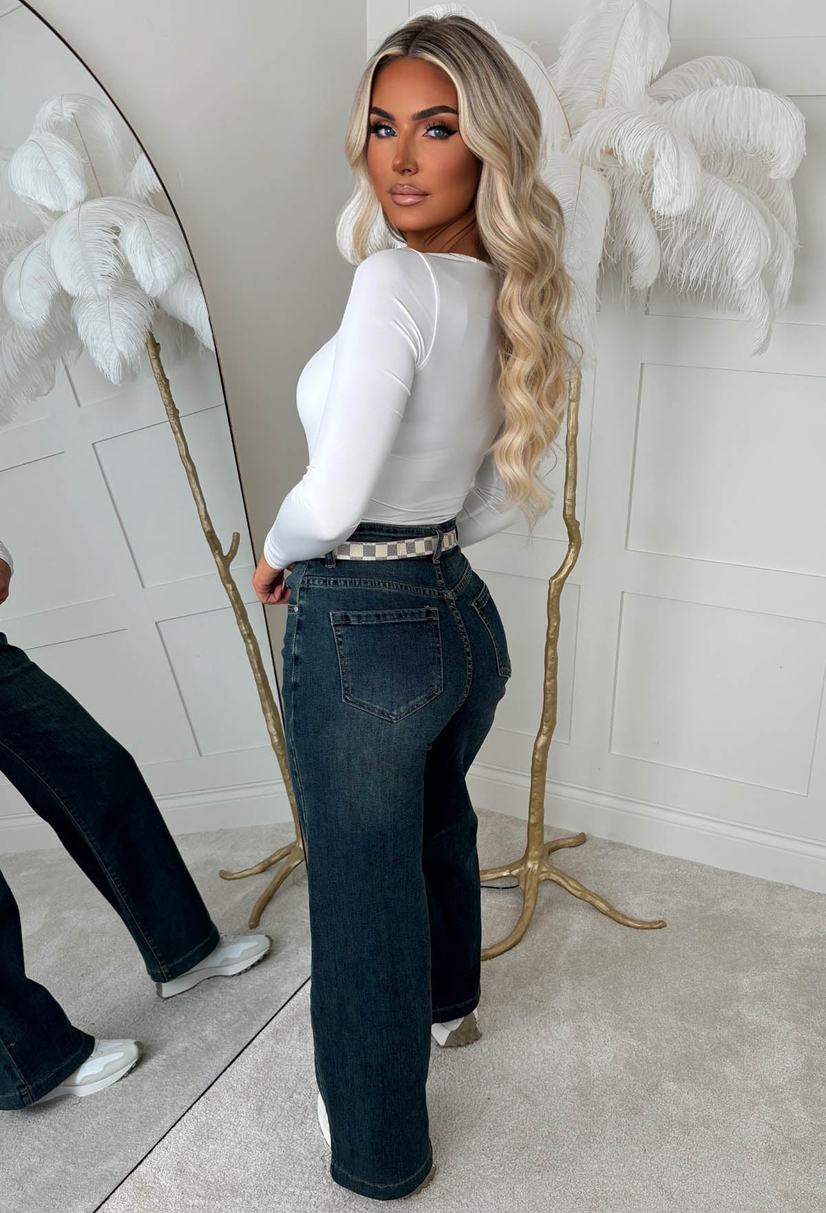 Lia Dark Blue Stretch Wide Leg Jeans - Image 3