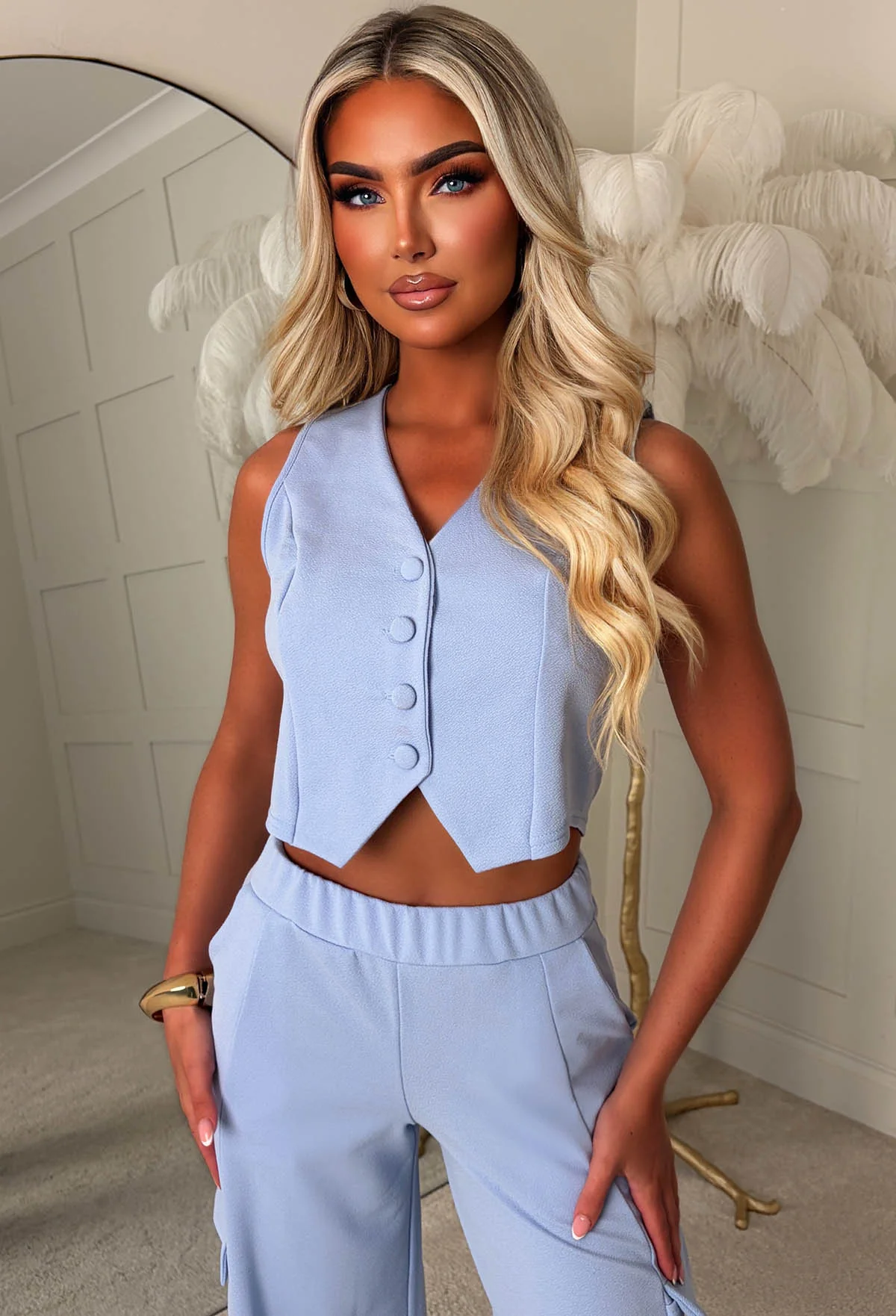 Lined Up For More Baby Blue Waistcoat & Cargo Trouser Co-Ord Set - Image 2