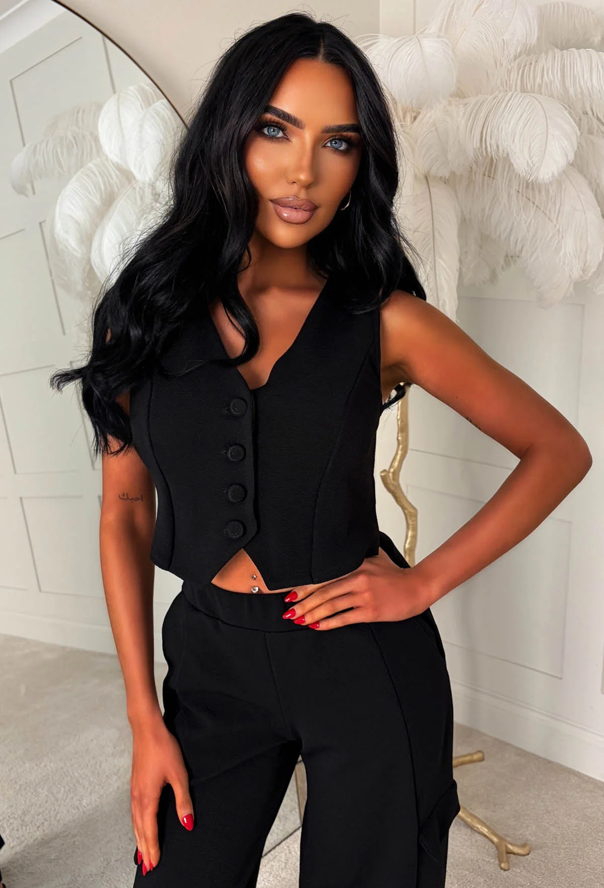 Lined Up For More Black Waistcoat & Cargo Trouser Co-ord Set - Image 4