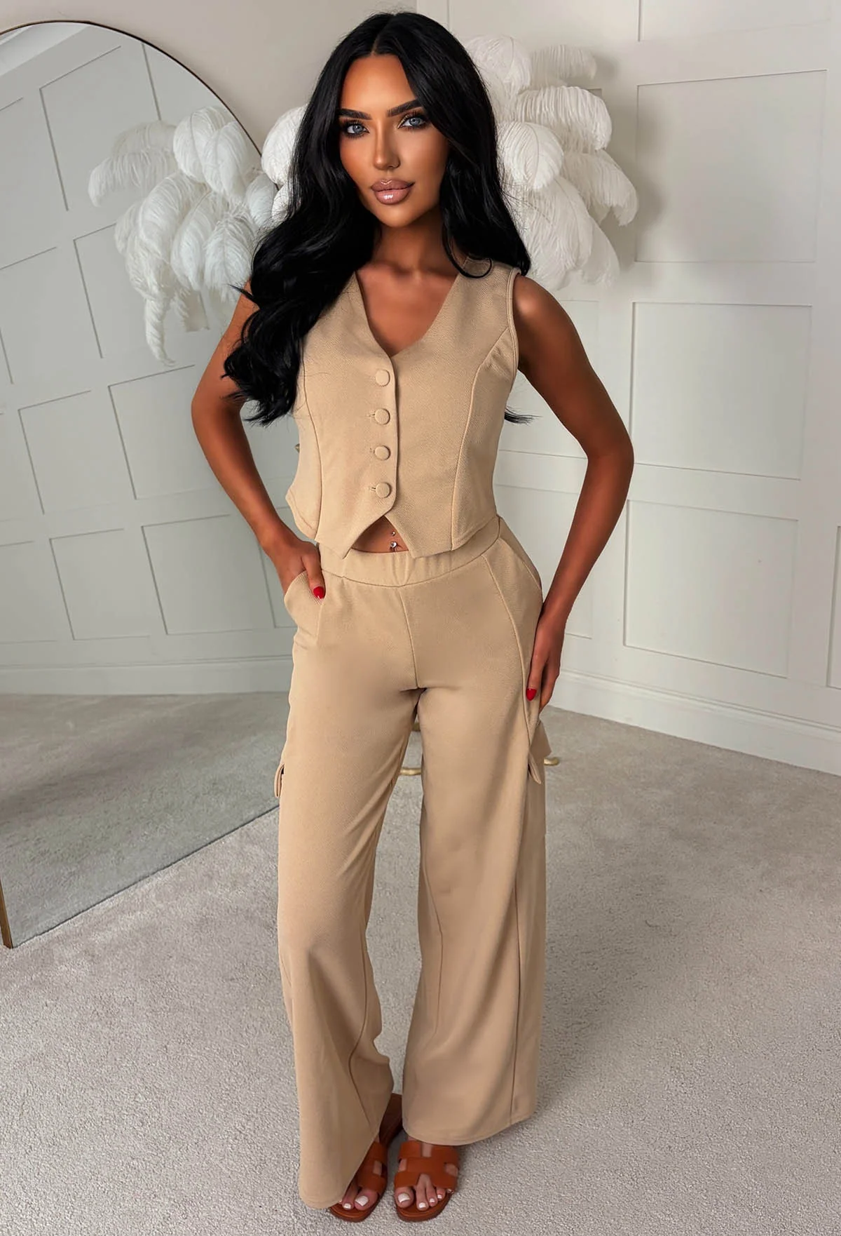 Lined Up For More Nude Waistcoat & Cargo Trouser Co-ord Set - Image 4