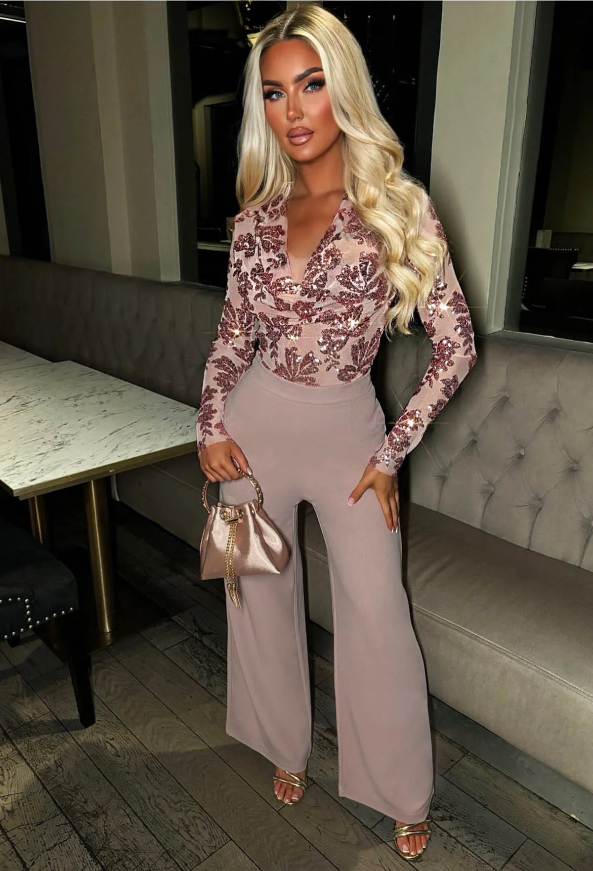 Liquid Luxe Pink Sequin Draped Cowl Neck Top - Image 3