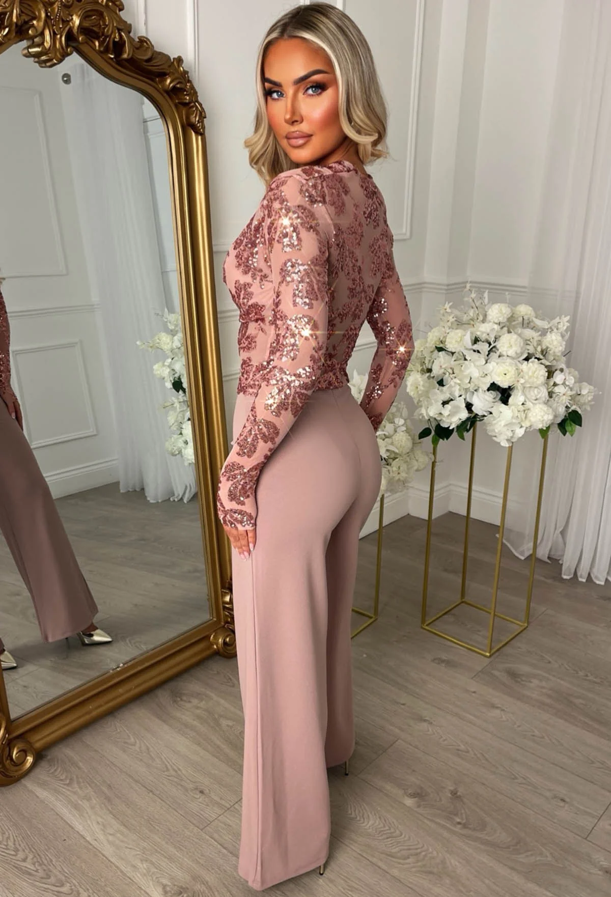 Liquid Luxe Pink Sequin Draped Cowl Neck Top - Image 6