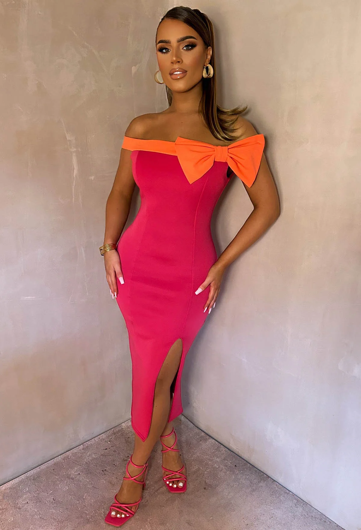 Little Miss Chic Hot Pink Stretch Contrast Bardot Bow Detail Lined Midi Dress - Image 3