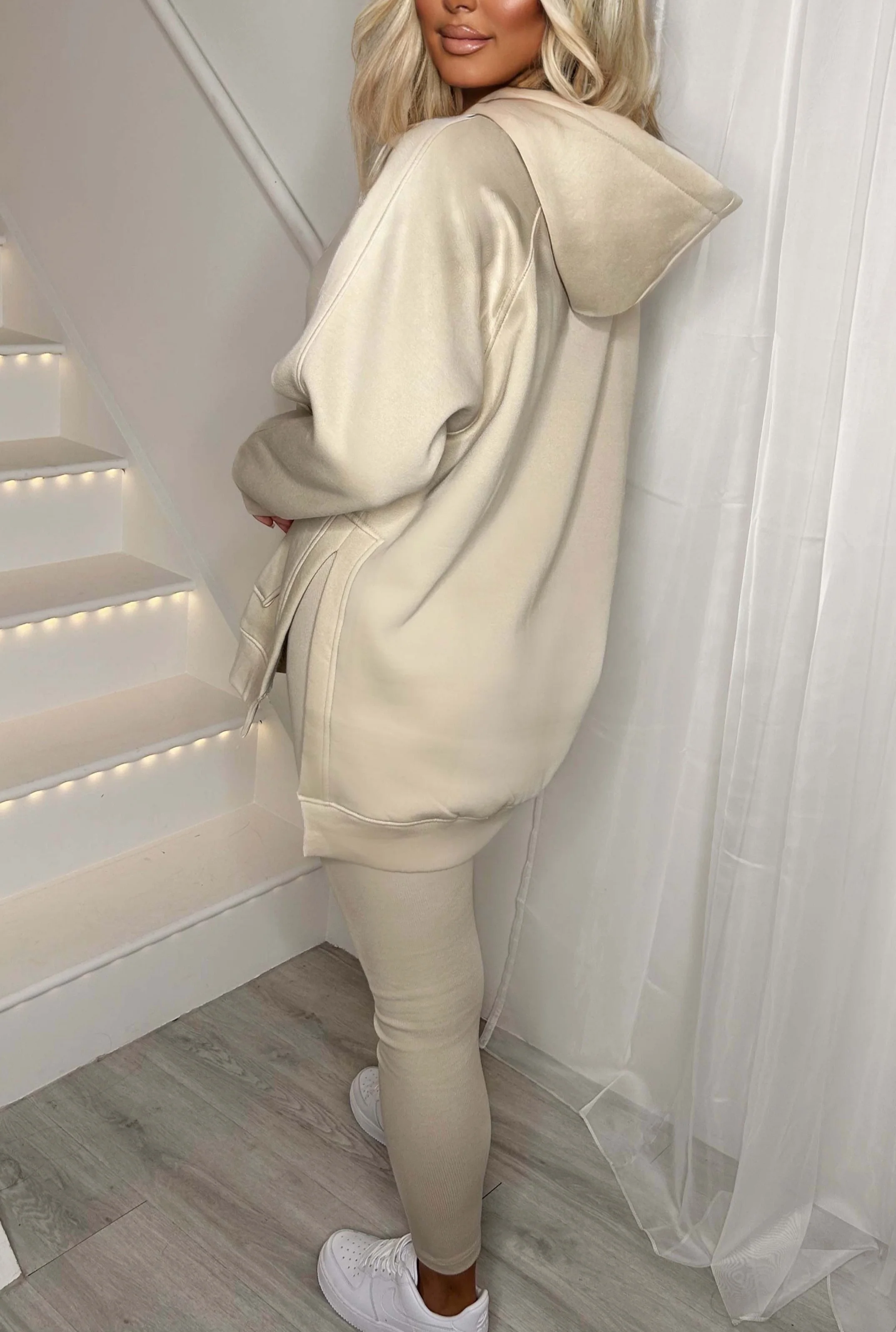 Living The Life Cream Oversized Hood With Ribbed Leggings Two Piece Loungewear Set - Image 2