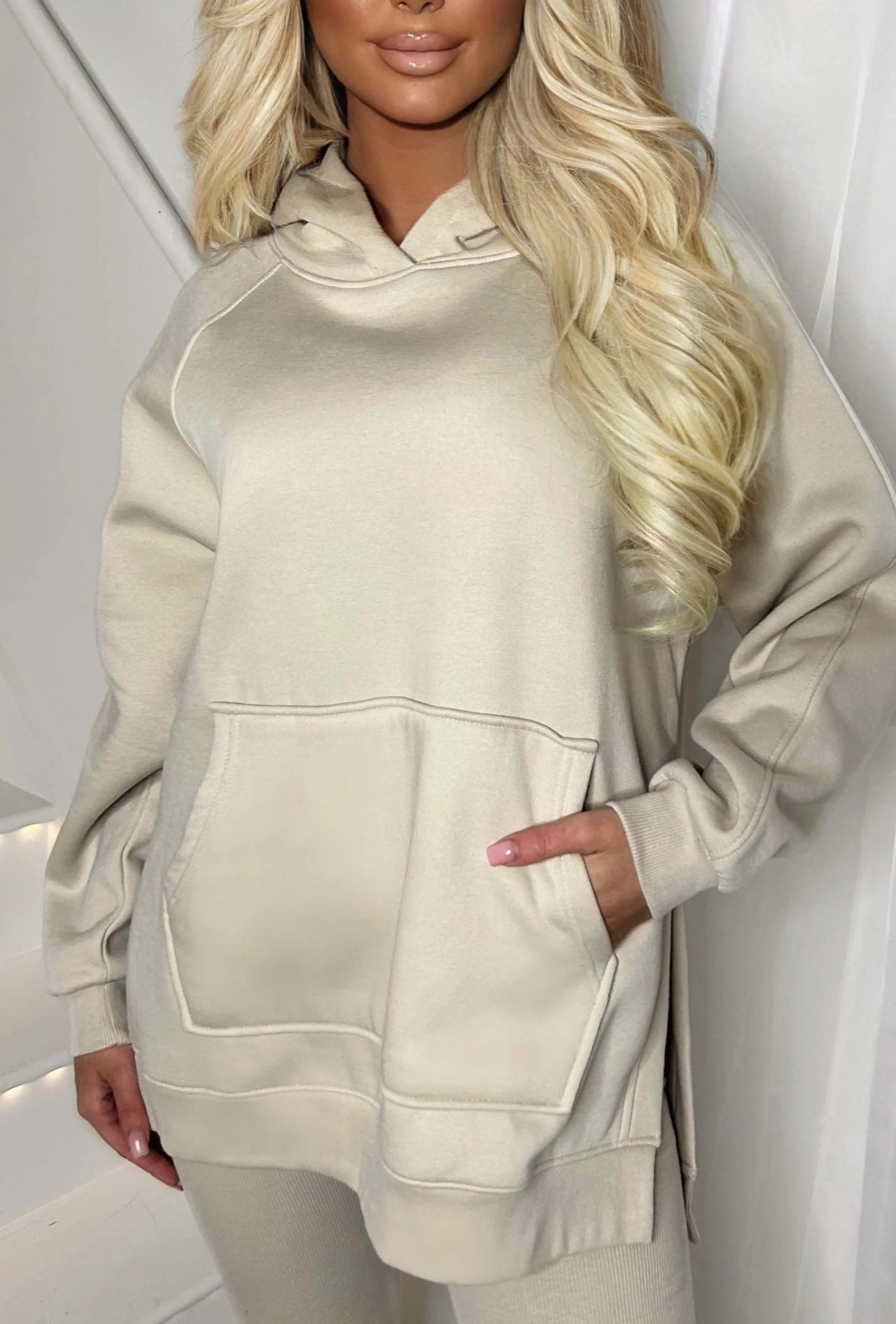 Living The Life Cream Oversized Hood With Ribbed Leggings Two Piece Loungewear Set - Image 3