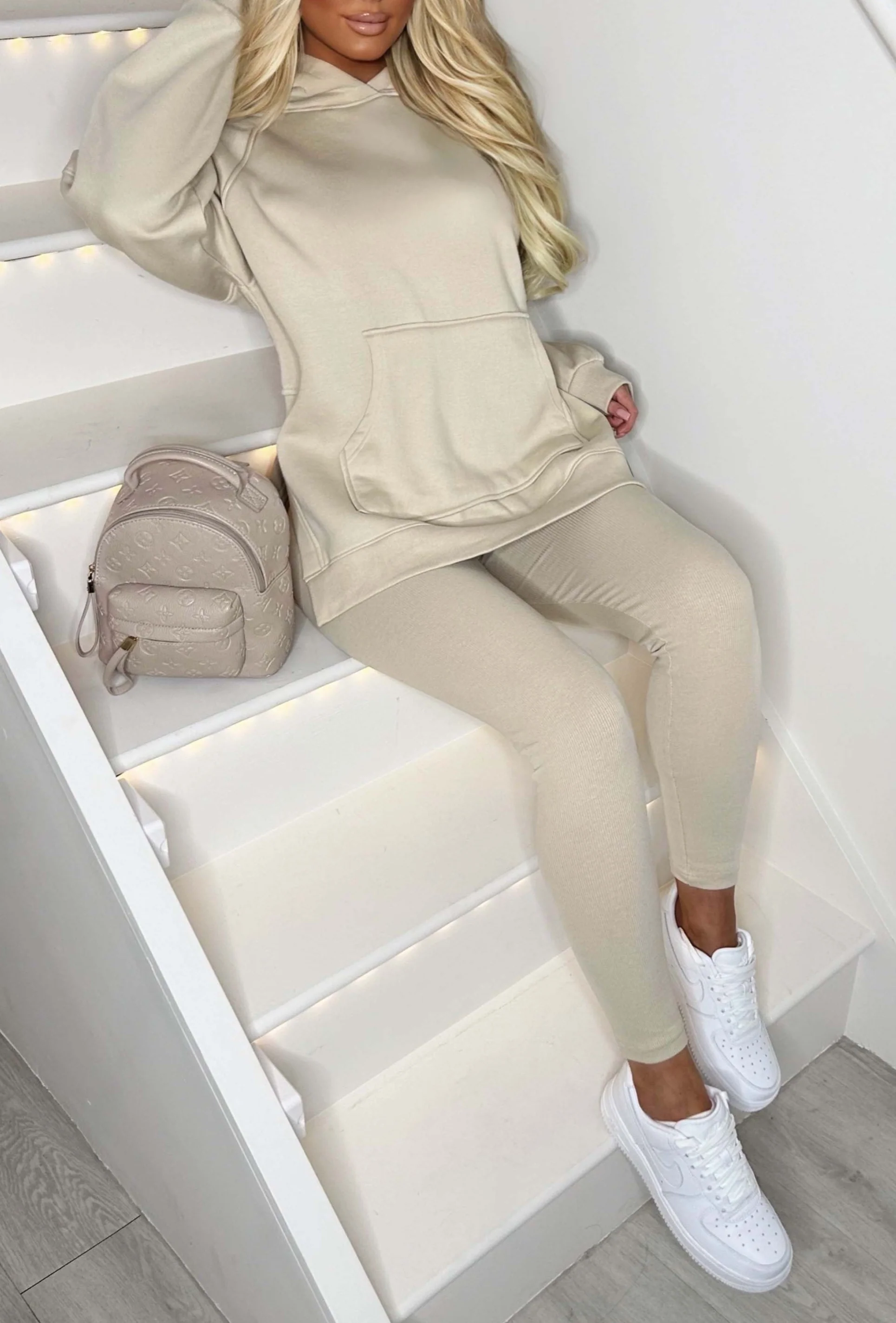 Living The Life Cream Oversized Hood With Ribbed Leggings Two Piece Loungewear Set - Image 4