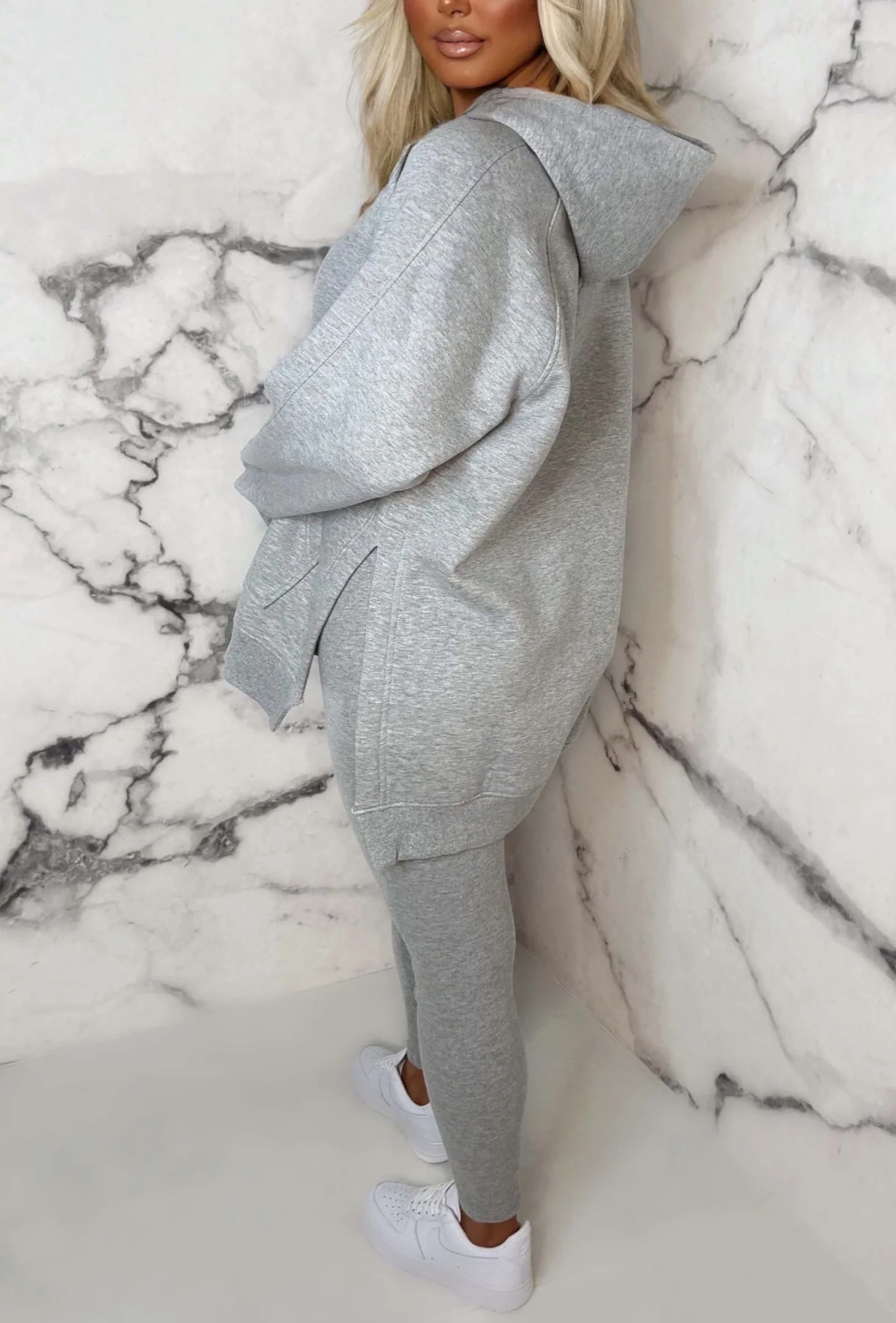 Living The Life Grey Marl Oversized Hoodie With Ribbed Legging Two Piece Loungewear Set - Image 2