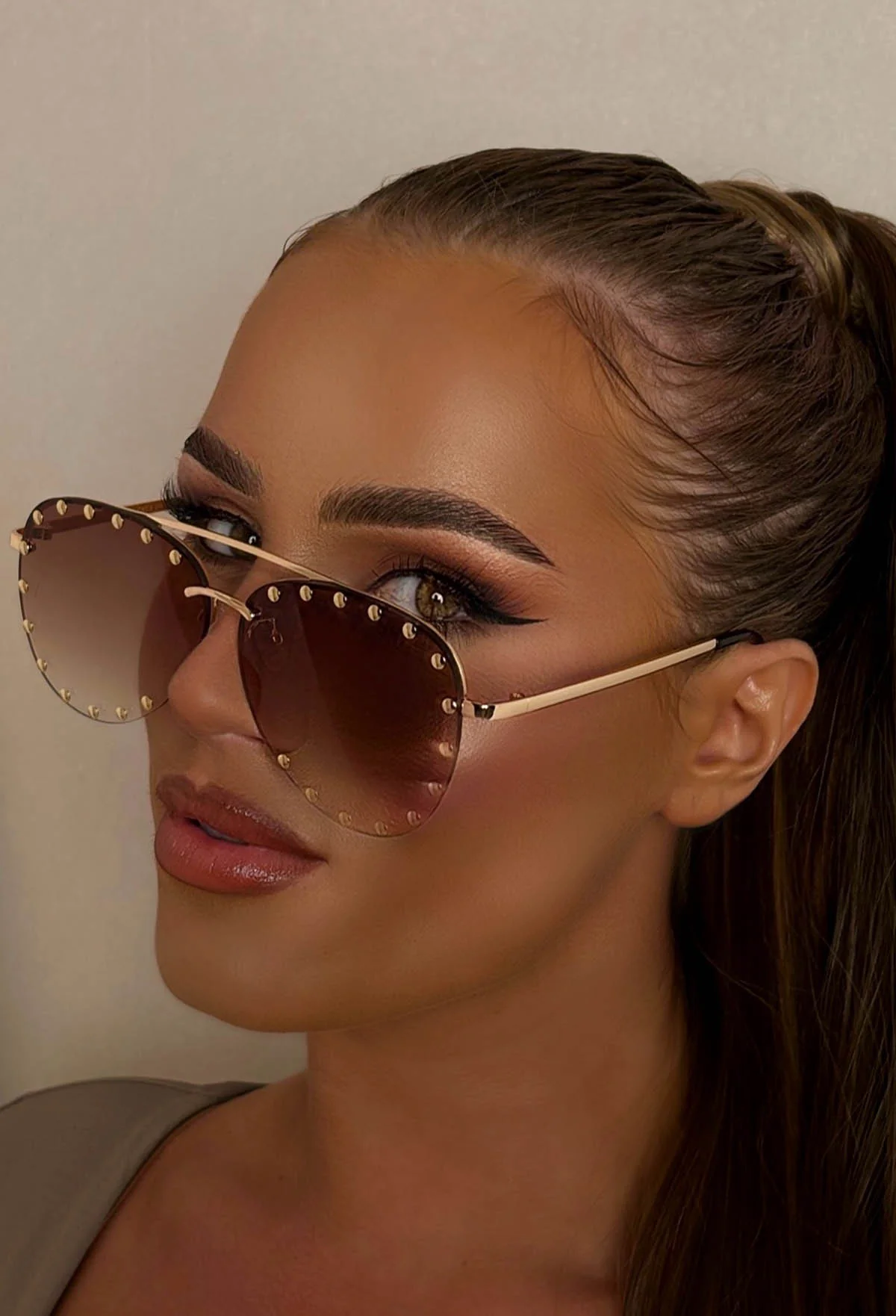 Looking Good Brown Studded Aviator Sunglasses - Image 2