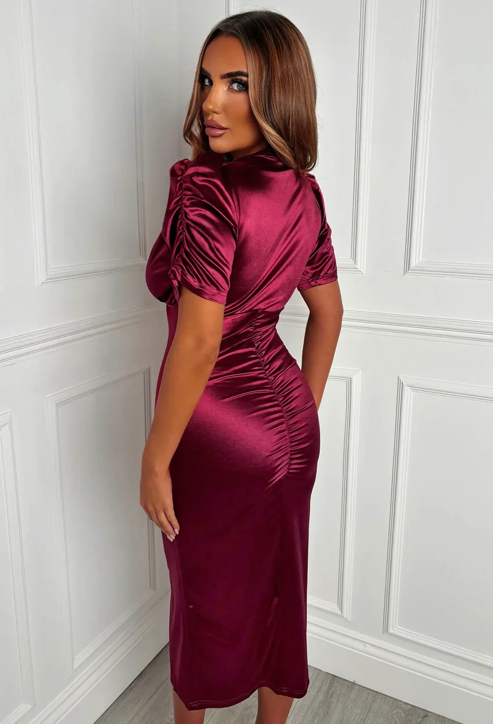 Love Lux Red Ruched Midi Dress - Image 2