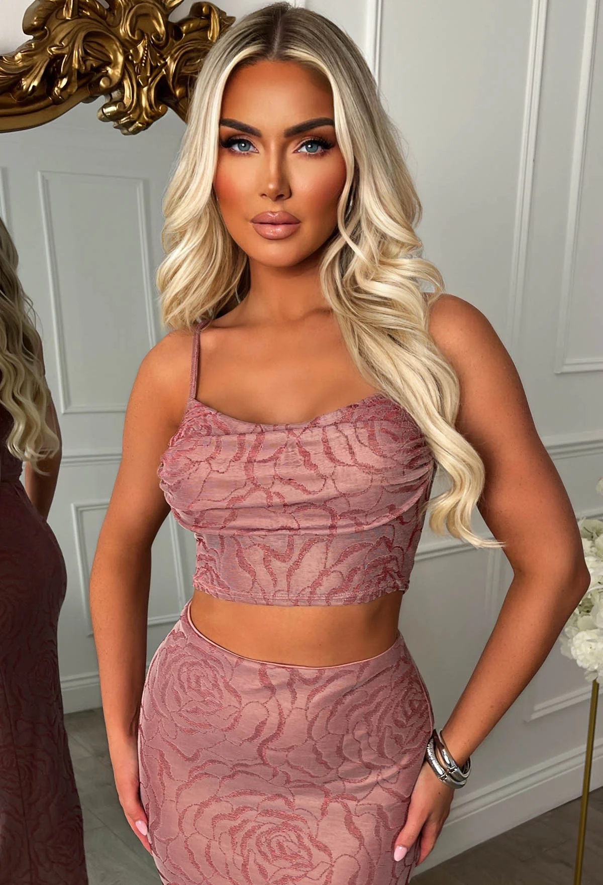 Love To Dream Pink Lurex Flower Pattern Midi Skirt Co-ord Set - Image 3