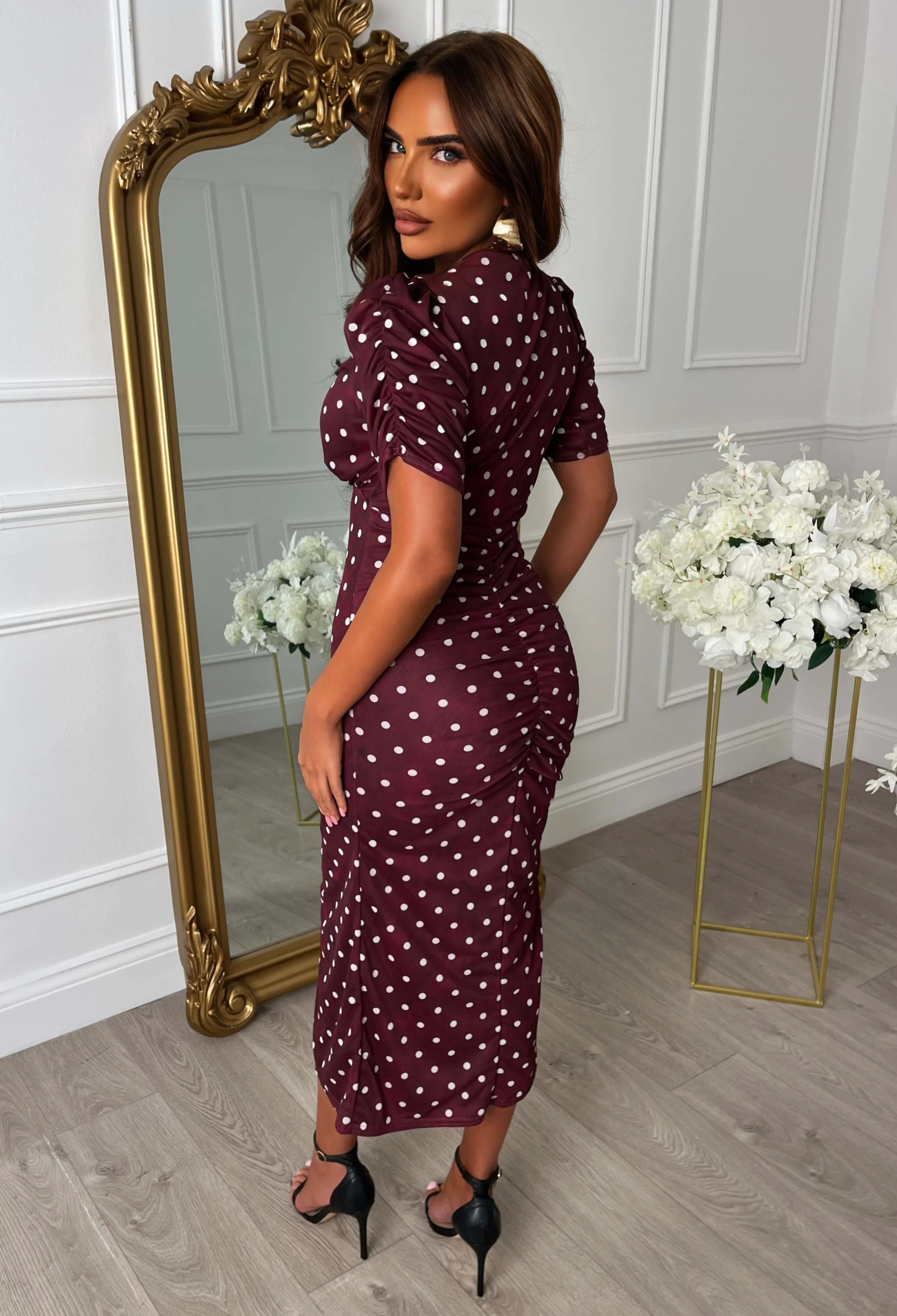 Love You Always Burgundy Polka Dot Ruched Front Midi Dress - Image 3