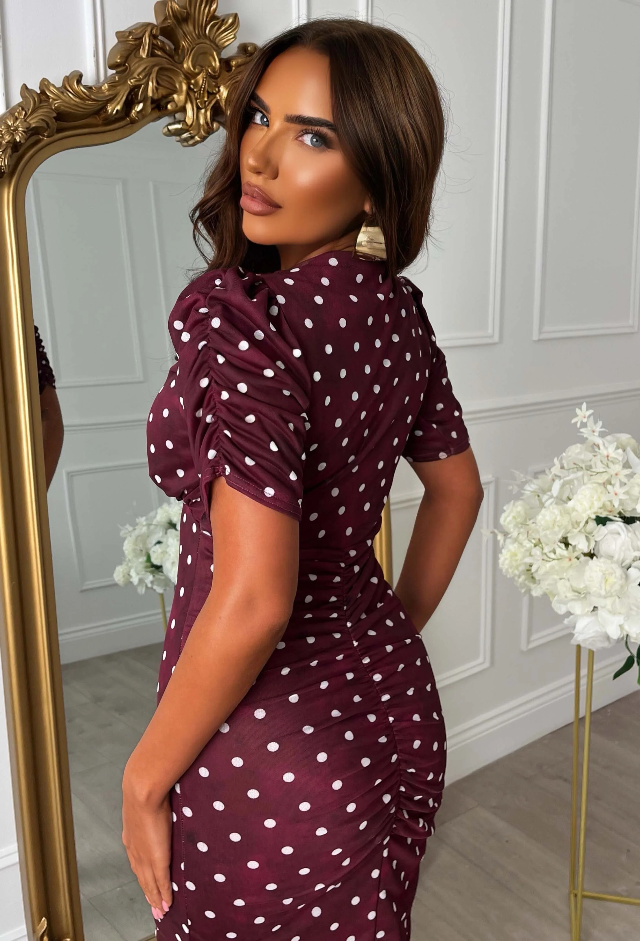 Love You Always Burgundy Polka Dot Ruched Front Midi Dress - Image 4