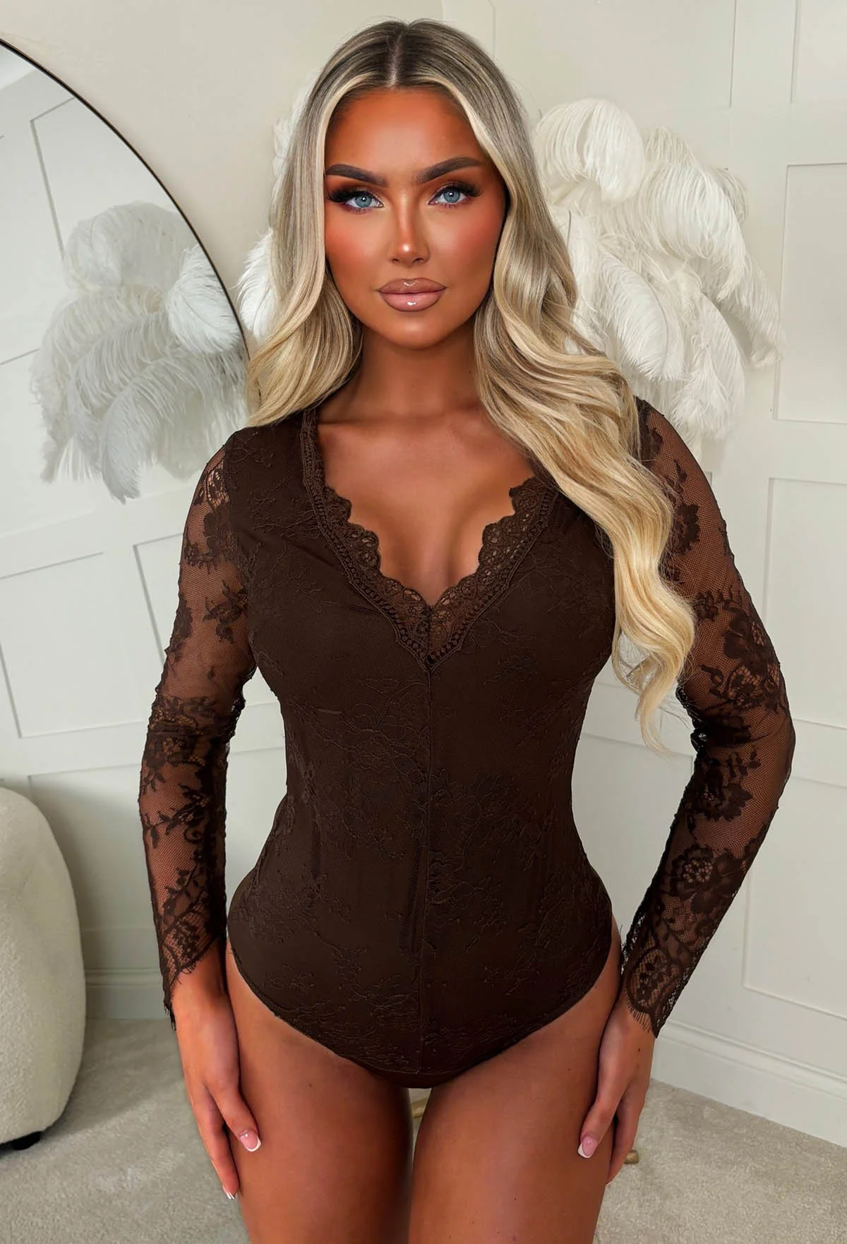 Lovely Lace Chocolate Brown Long Sleeve Bodysuit - Image 2