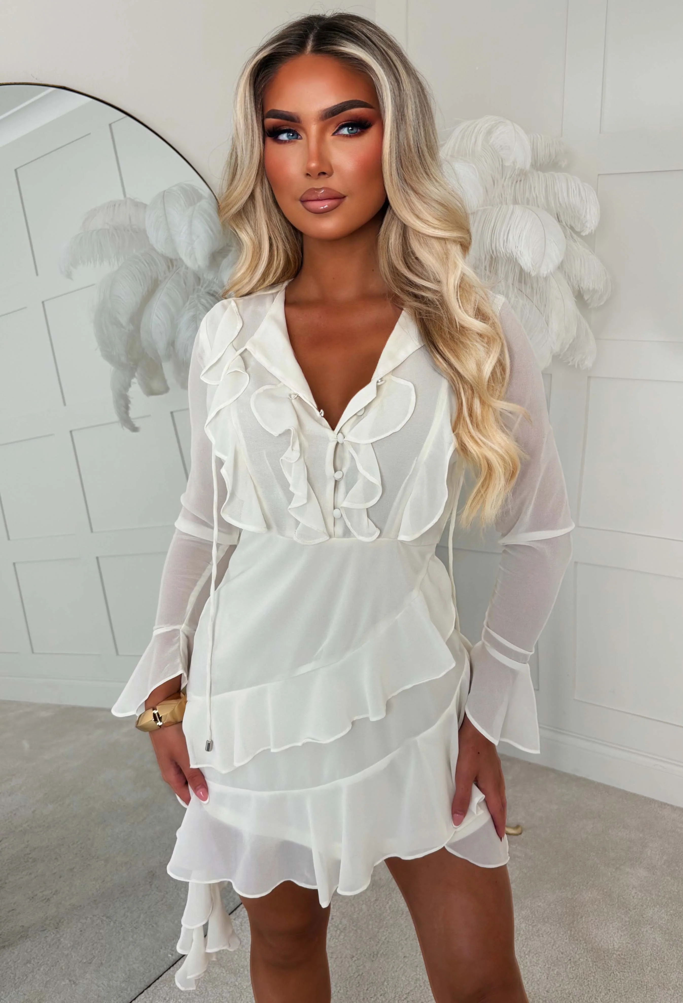 Lovers On The Med Cream Chiffon Frill Mini Dress - Image 3