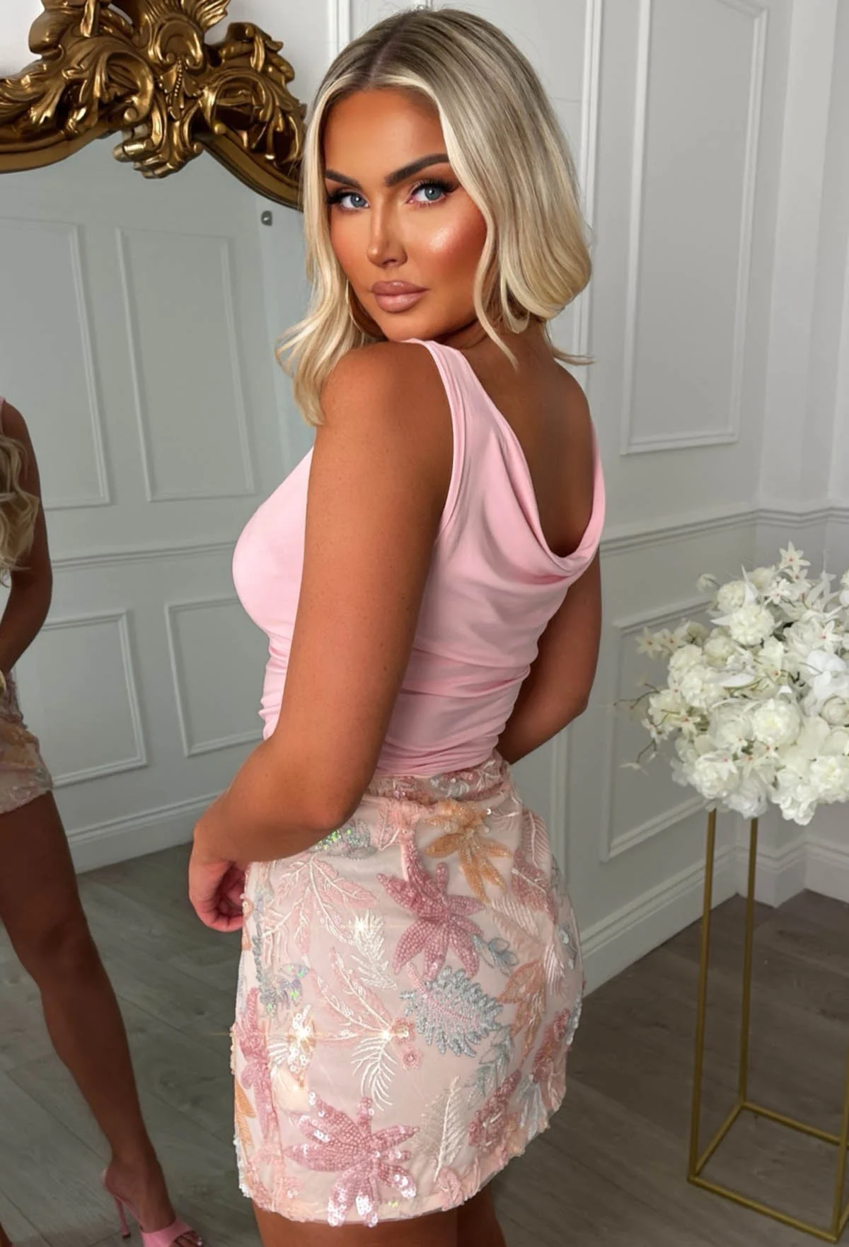 Lovers Rock Pink Floral Sequin Skirt With Slit - Image 2