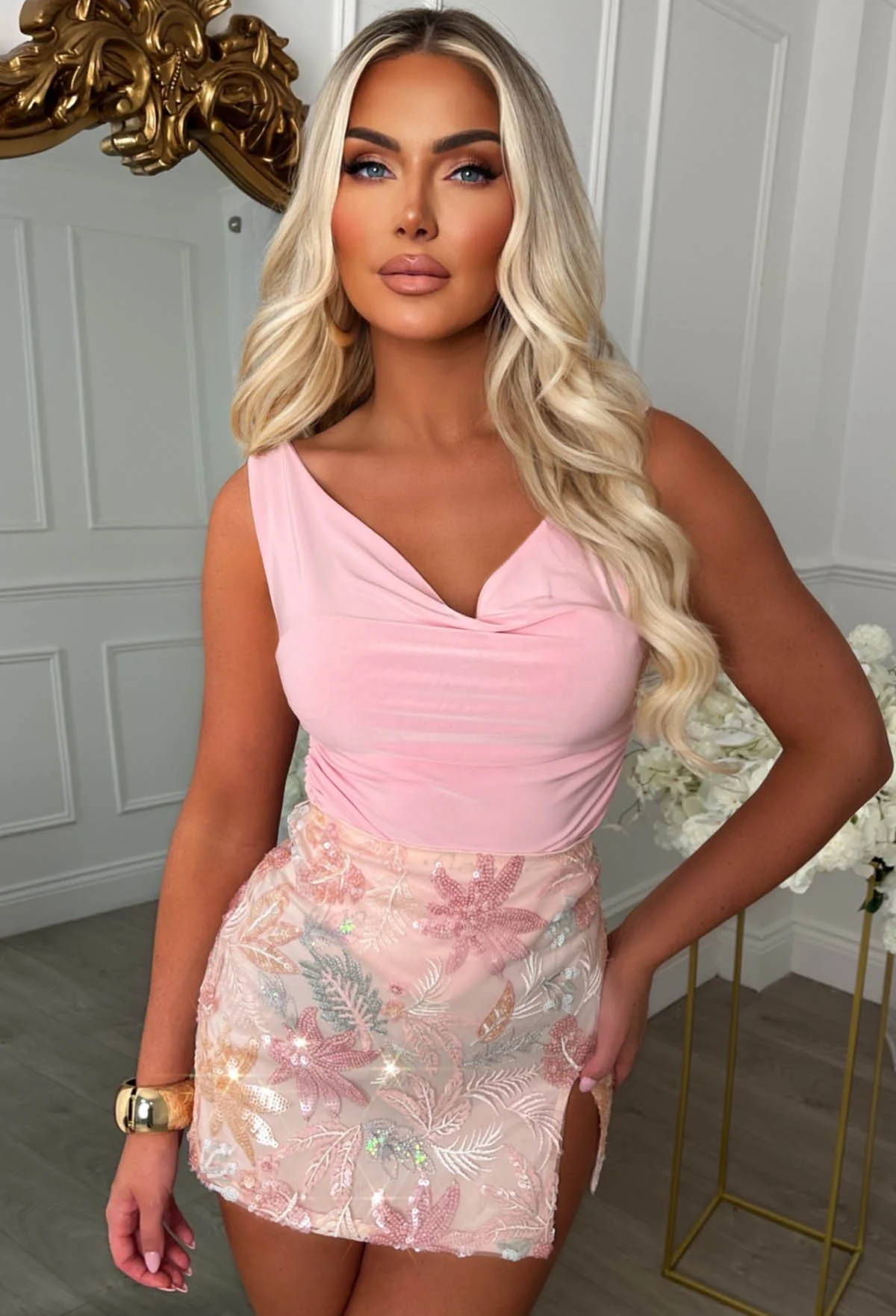 Lovers Rock Pink Floral Sequin Skirt With Slit - Image 4