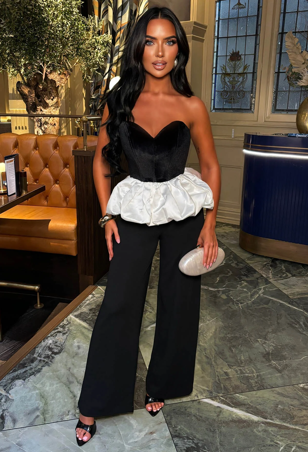 Lover's Ruffle Black Velvet Satin Bandeau Peplum Top - Image 2