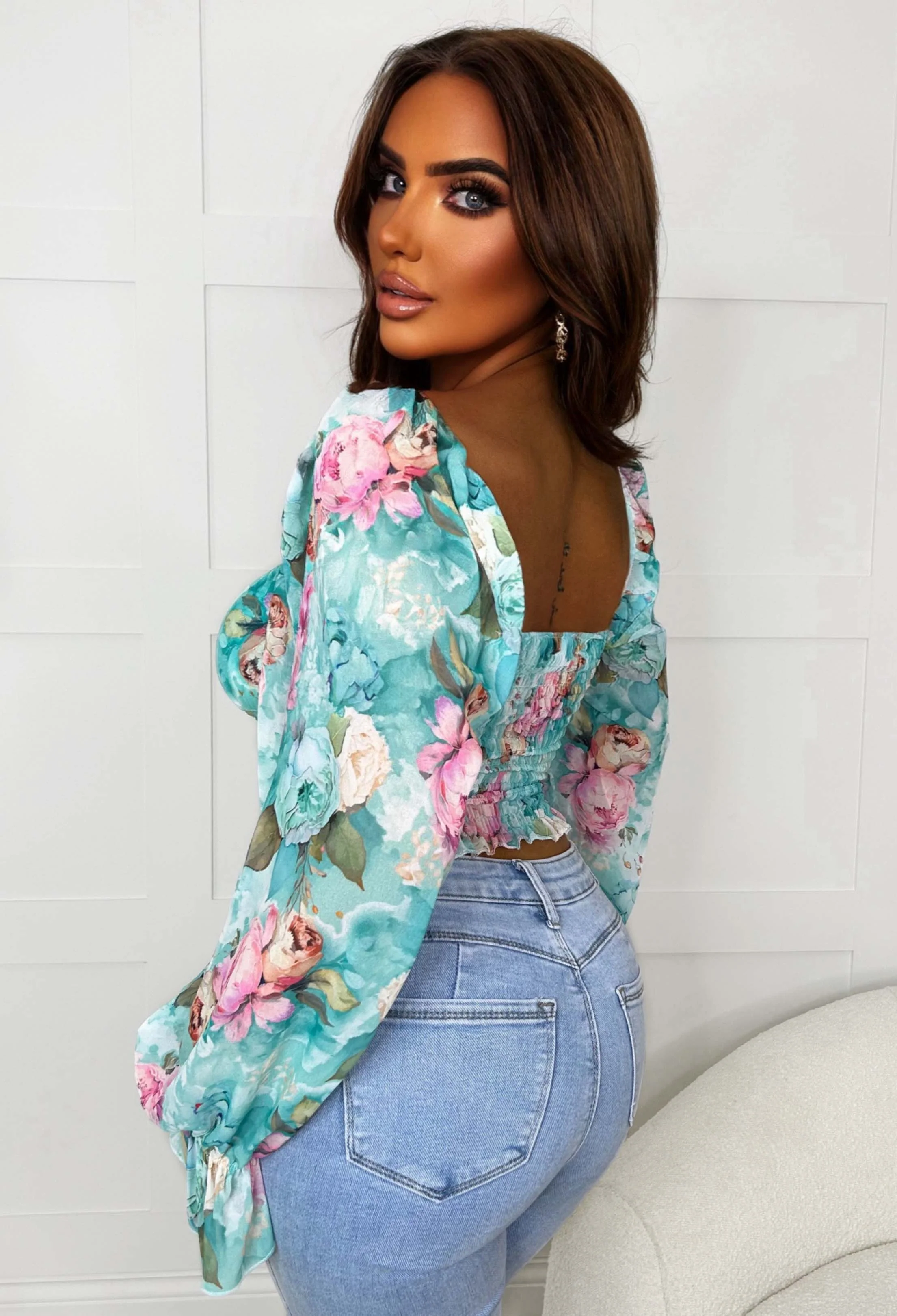 Loyal Love Teal Floral Milkmaid Mesh Top - Image 2