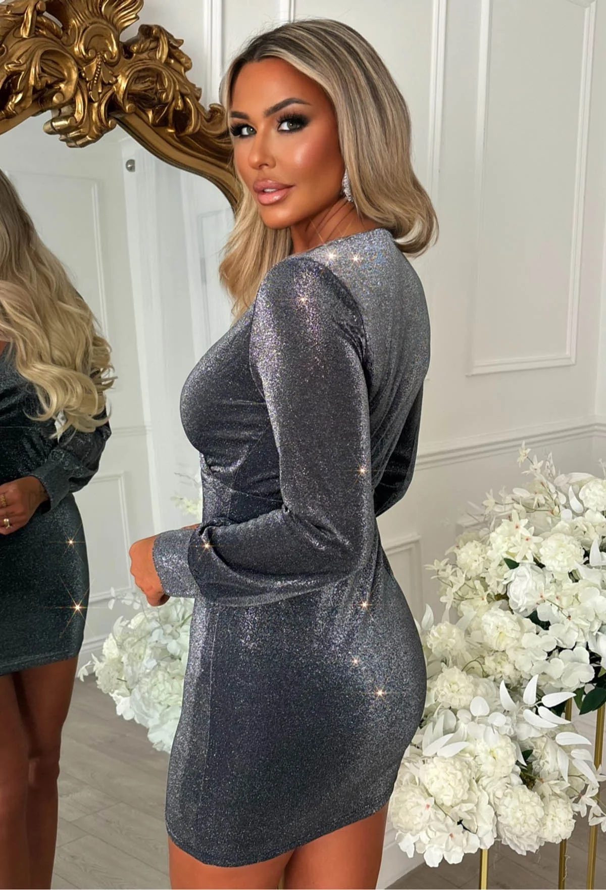 Luminous Lady Black Silver Lurex Wrap Mini Dress - Image 2