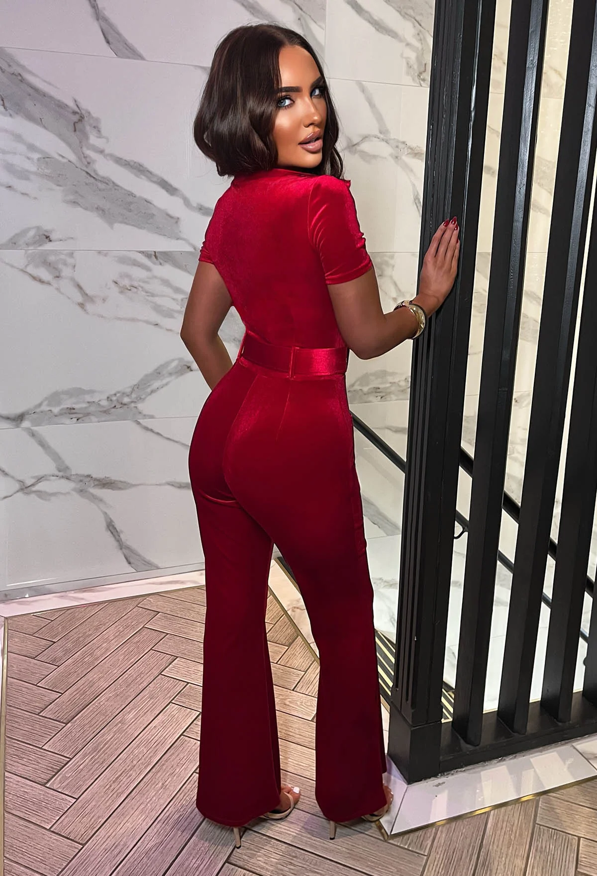 Lux Fatale Red Zip Front Velvet Jumpsuit - Image 5