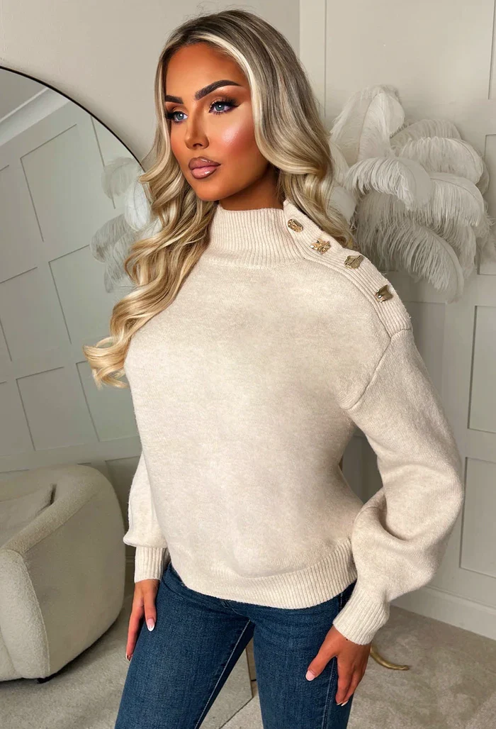 Luxe Chic Stone Gold Button Detail High Neck Jumper - Image 3