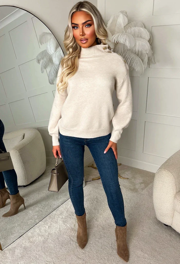 Luxe Chic Stone Gold Button Detail High Neck Jumper - Image 4