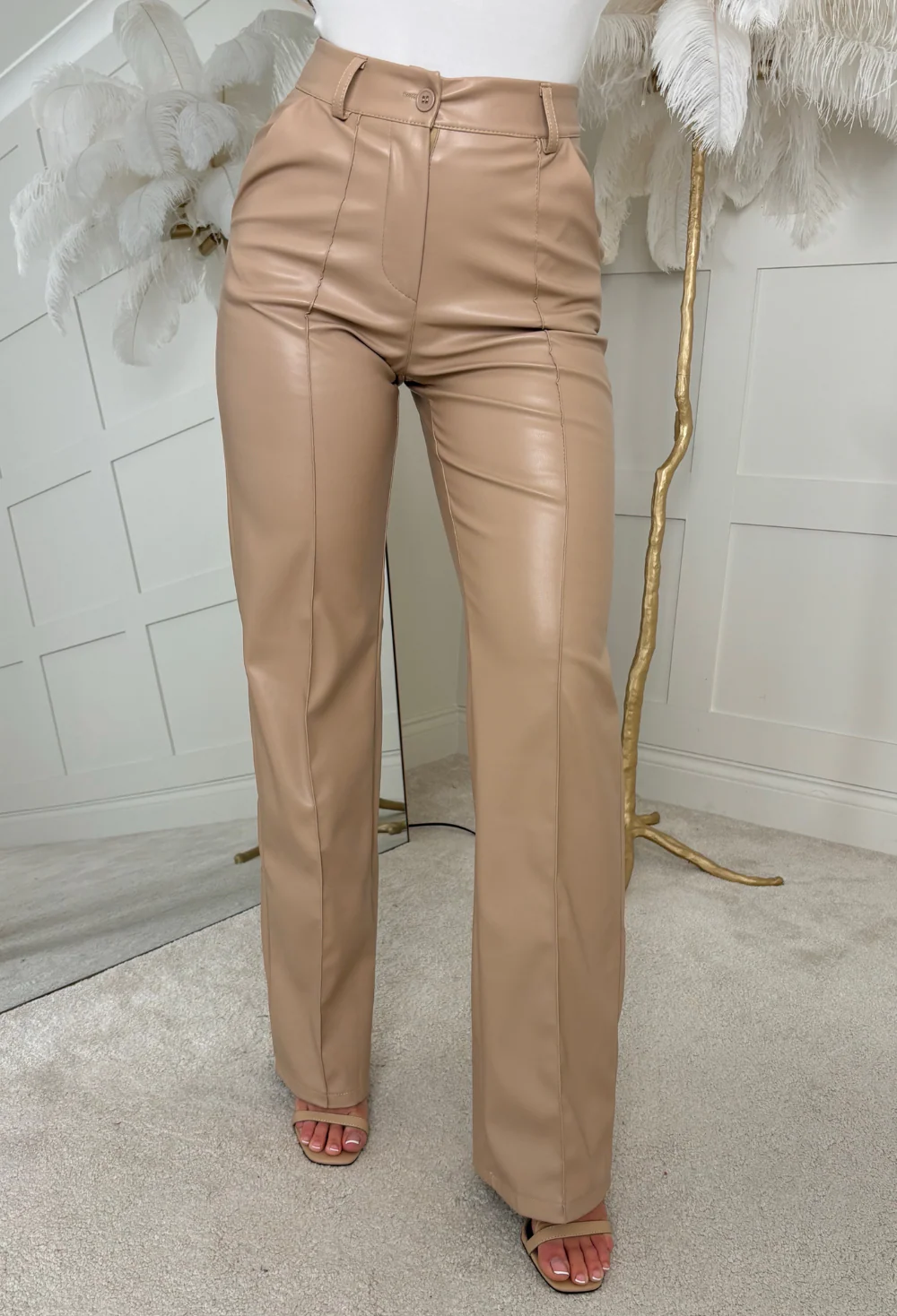 Luxe Destiny Beige Faux Leather Straight Leg Trousers - Image 4