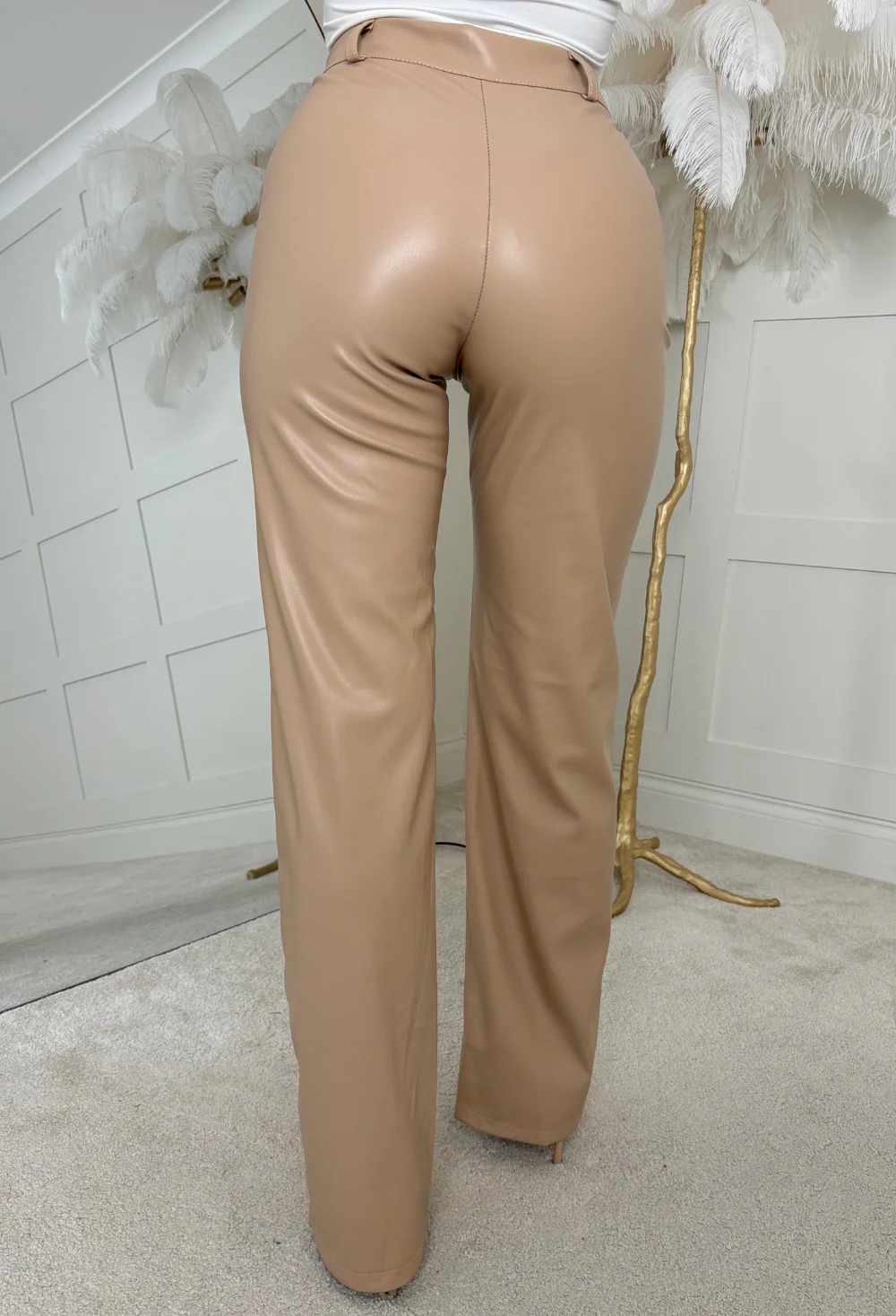 Luxe Destiny Beige Faux Leather Straight Leg Trousers - Image 5