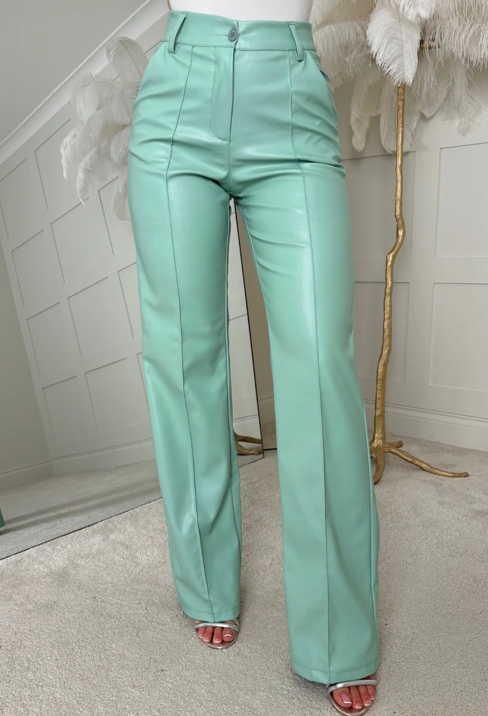 Luxe Destiny Green Faux Leather Straight Leg Trousers - Image 3