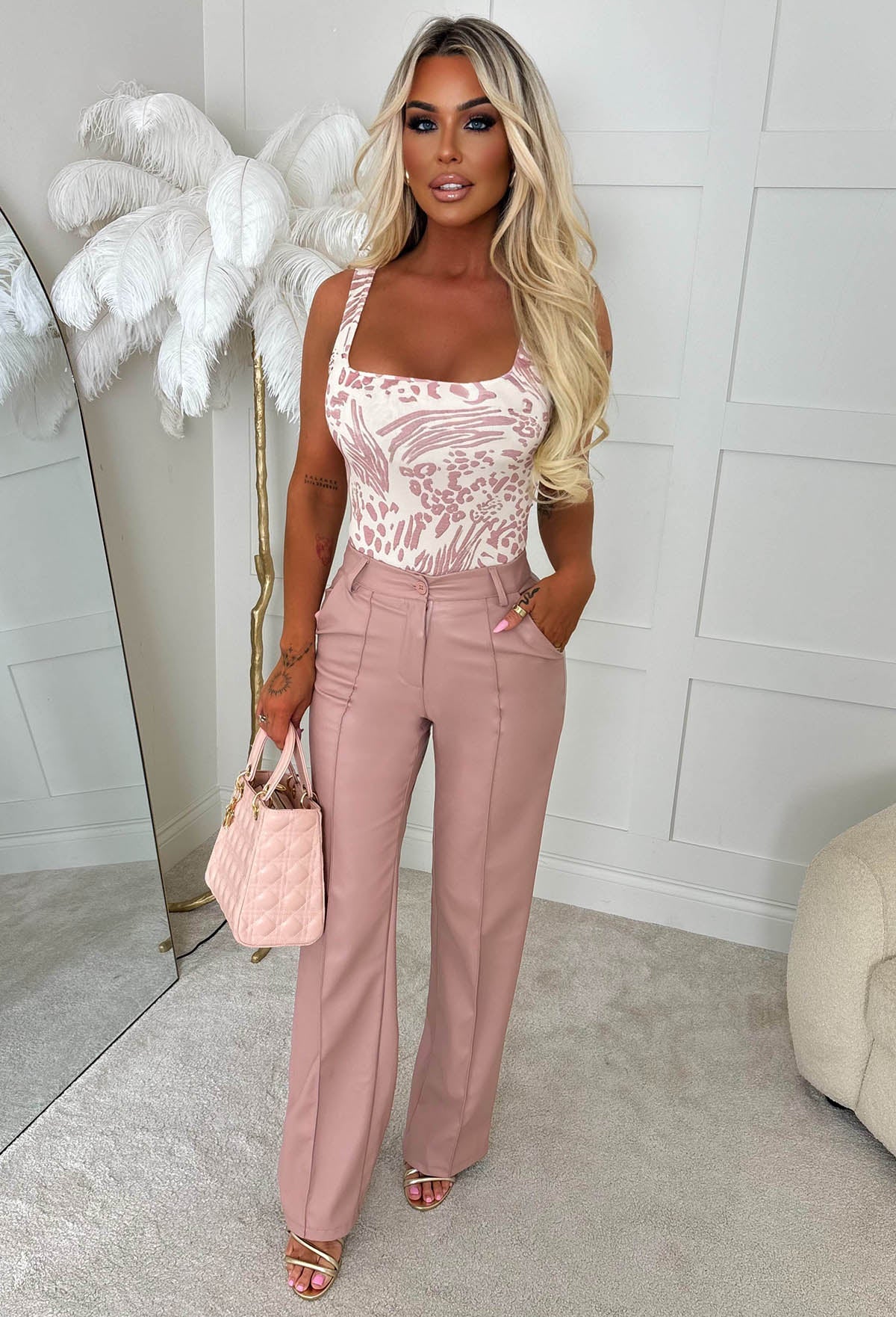 Luxe Destiny Pink Faux Leather Straight Leg Trousers - Image 3