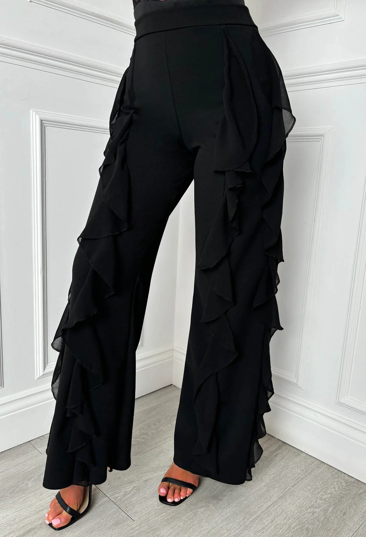 Luxe Divine Black Ruffle Stretch Trousers - Image 2